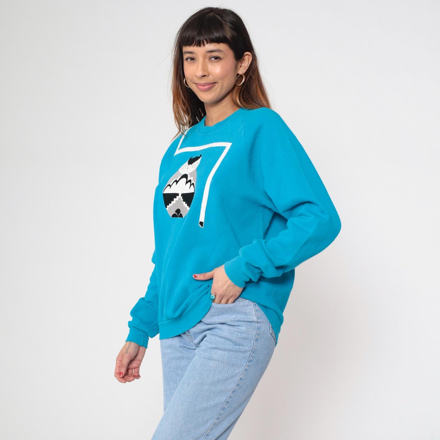 90s Jerzees Owl Graphic Sweatshirt Turquoise Raglan Extra Large XL