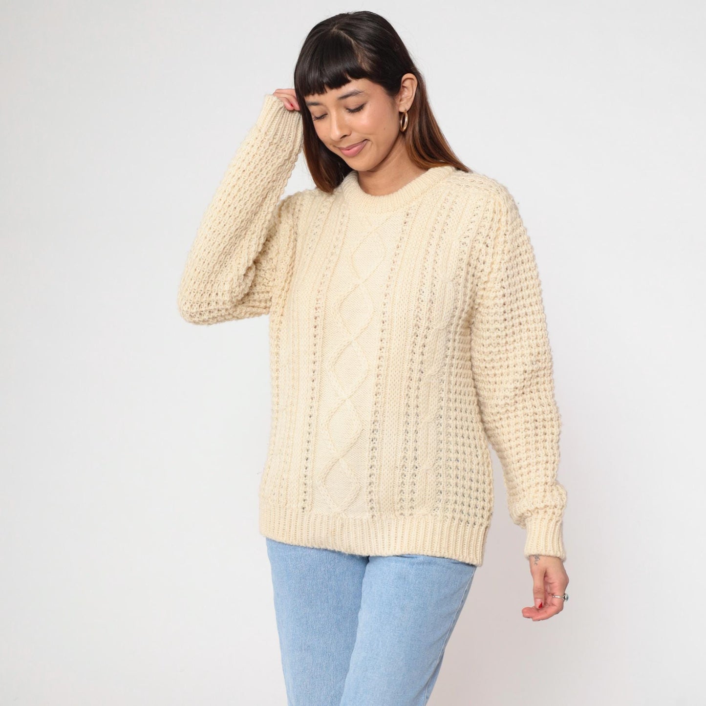 80s Falcarragh Cable Knit Wool Sweater Cream Aran Fisherman Small