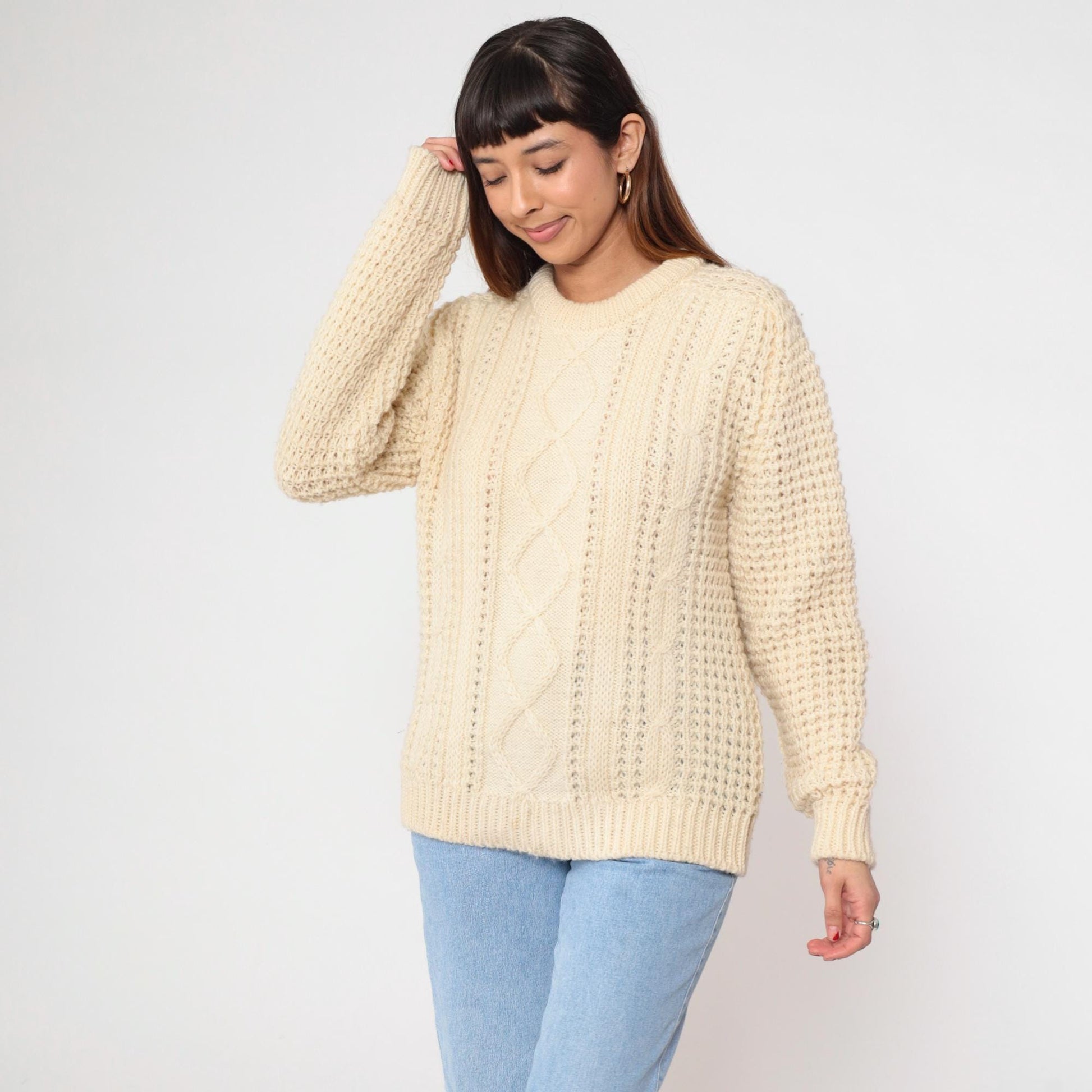 80s Falcarragh Cable Knit Wool Sweater Cream Aran Fisherman Small