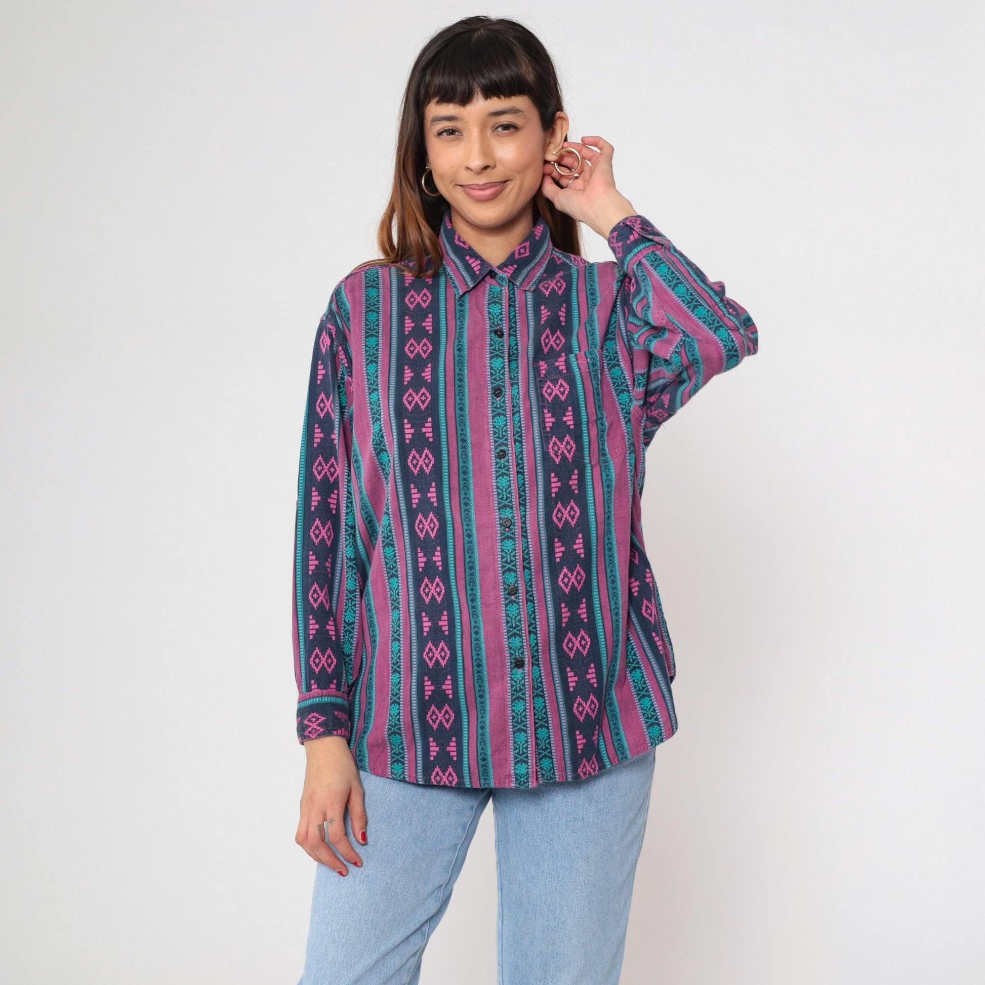 90s Southwestern Tribal Geometric Button-Up Shirt Purple Magenta Teal Large L