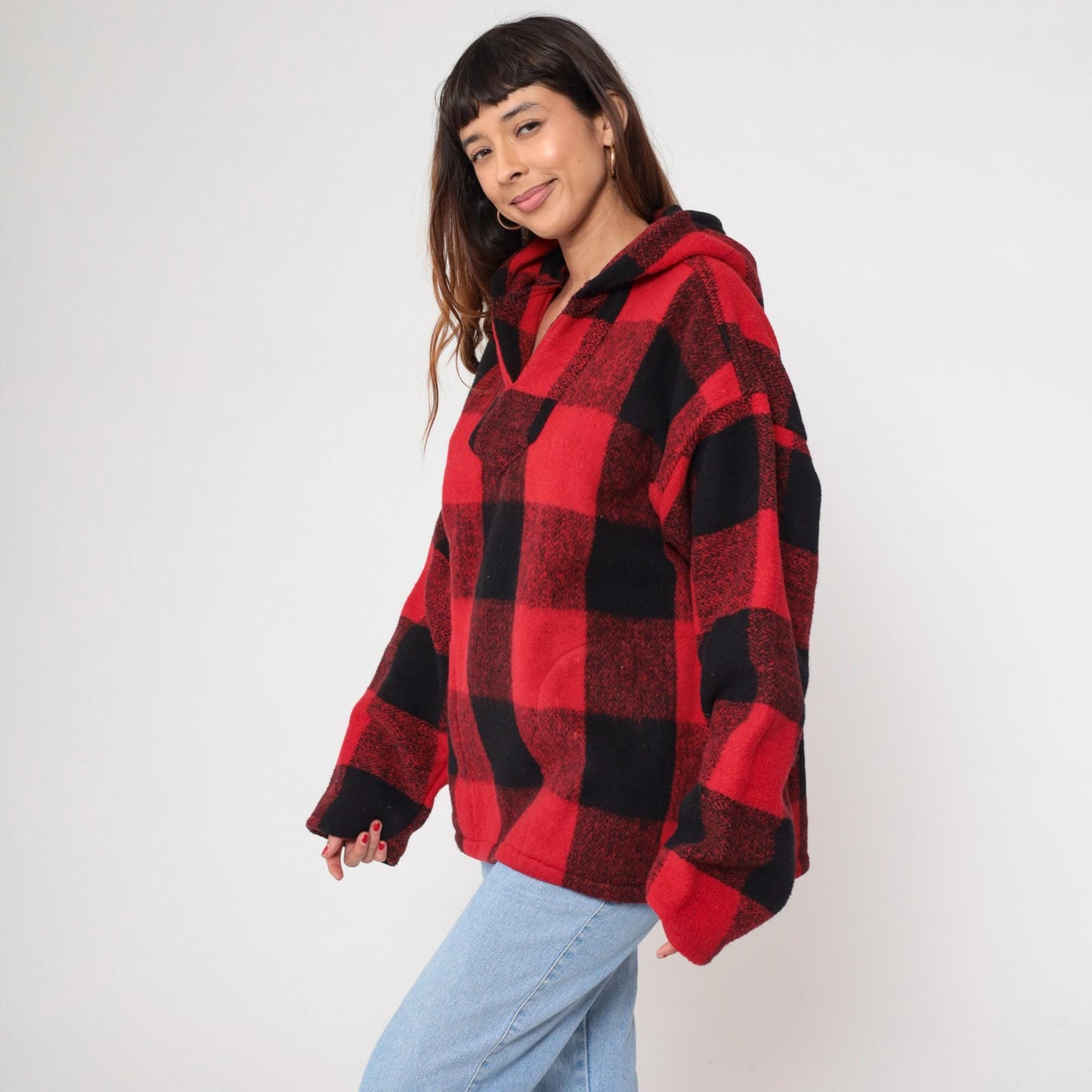 90s Buffalo Plaid Hoodie Red Black Half-Zip Earth Ragz Fleece Large L