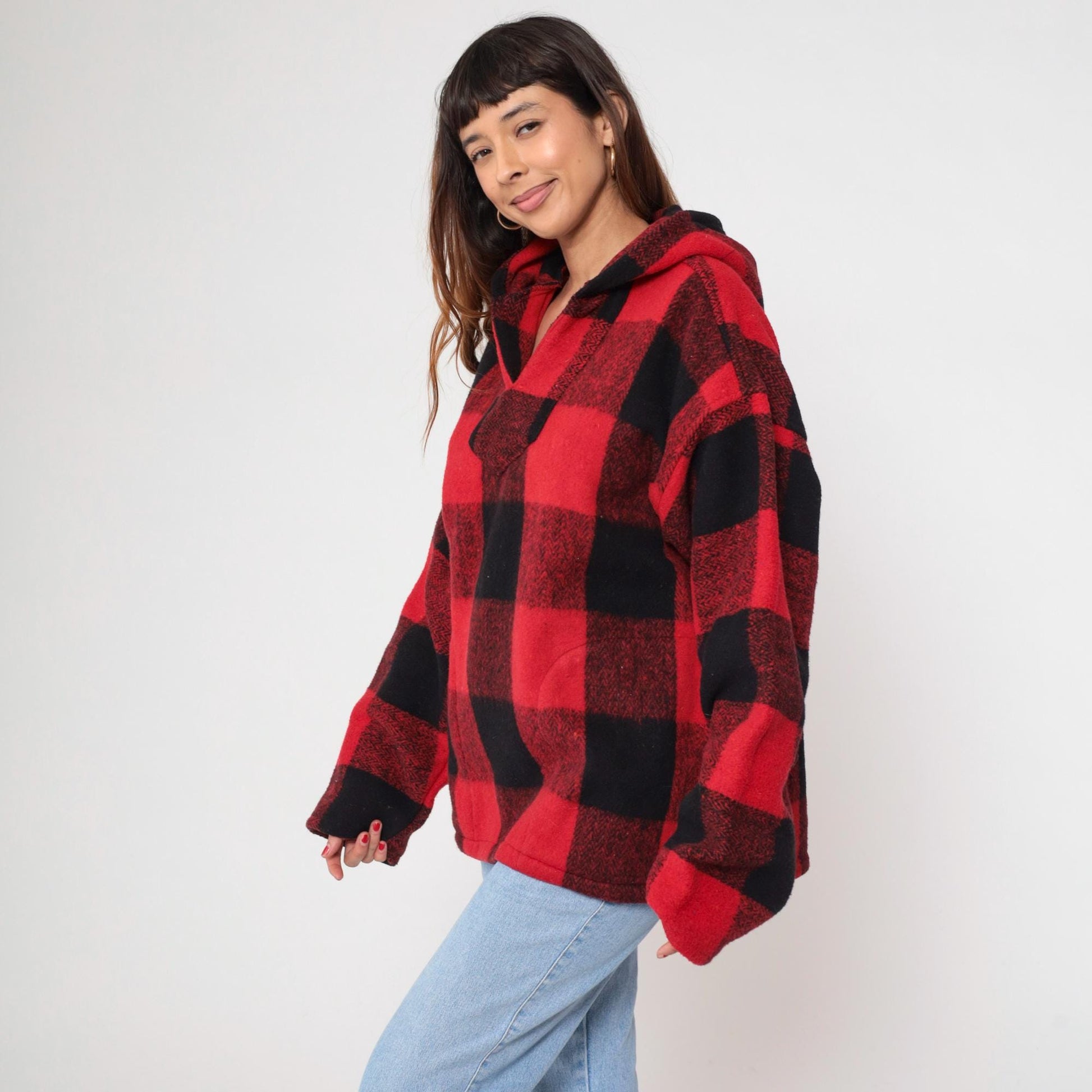 90s Buffalo Plaid Hoodie Red Black Half-Zip Earth Ragz Fleece Large L