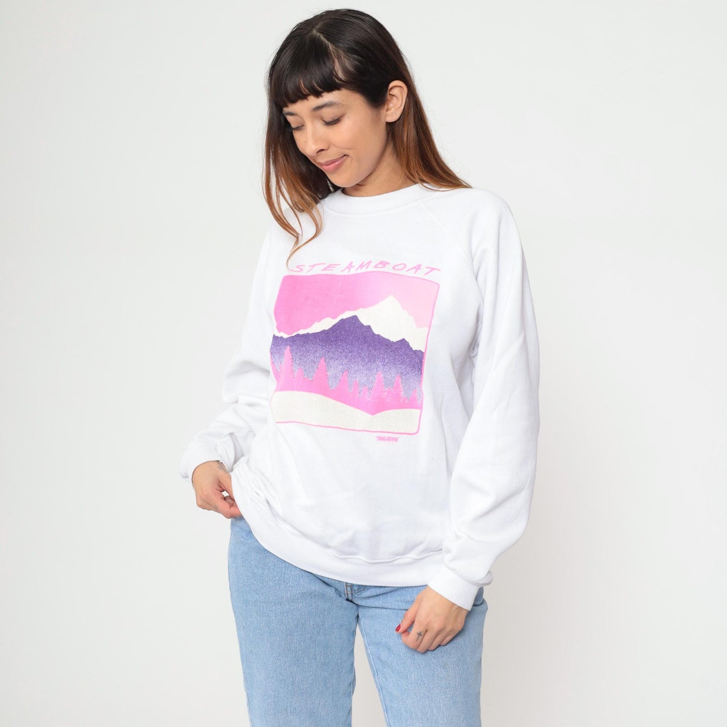 90s Steamboat Mountain Hanes Sweatshirt White Raglan Graphic XL