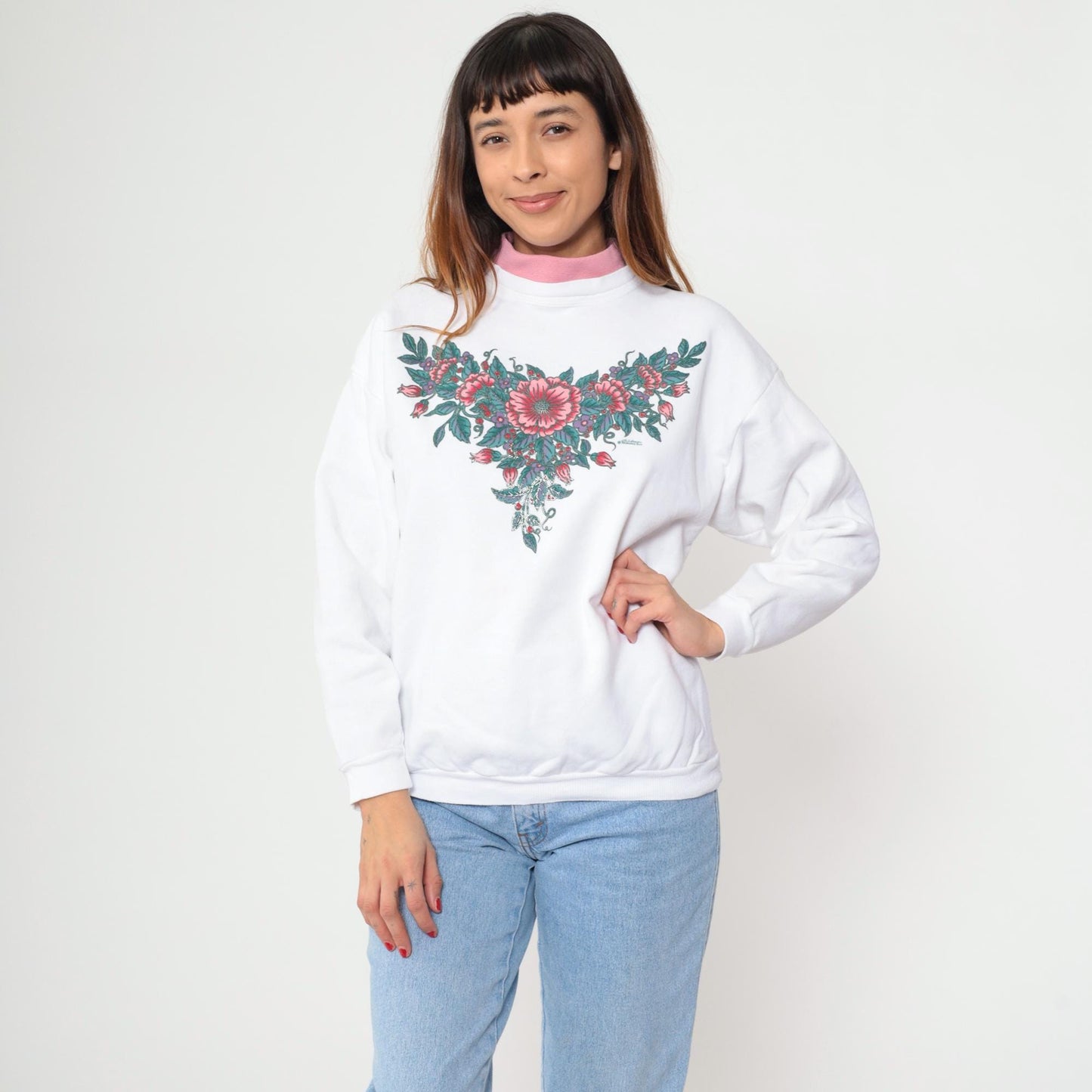 90s White Floral Mock Neck Sweatshirt Pink Collar Cotton Petite Large