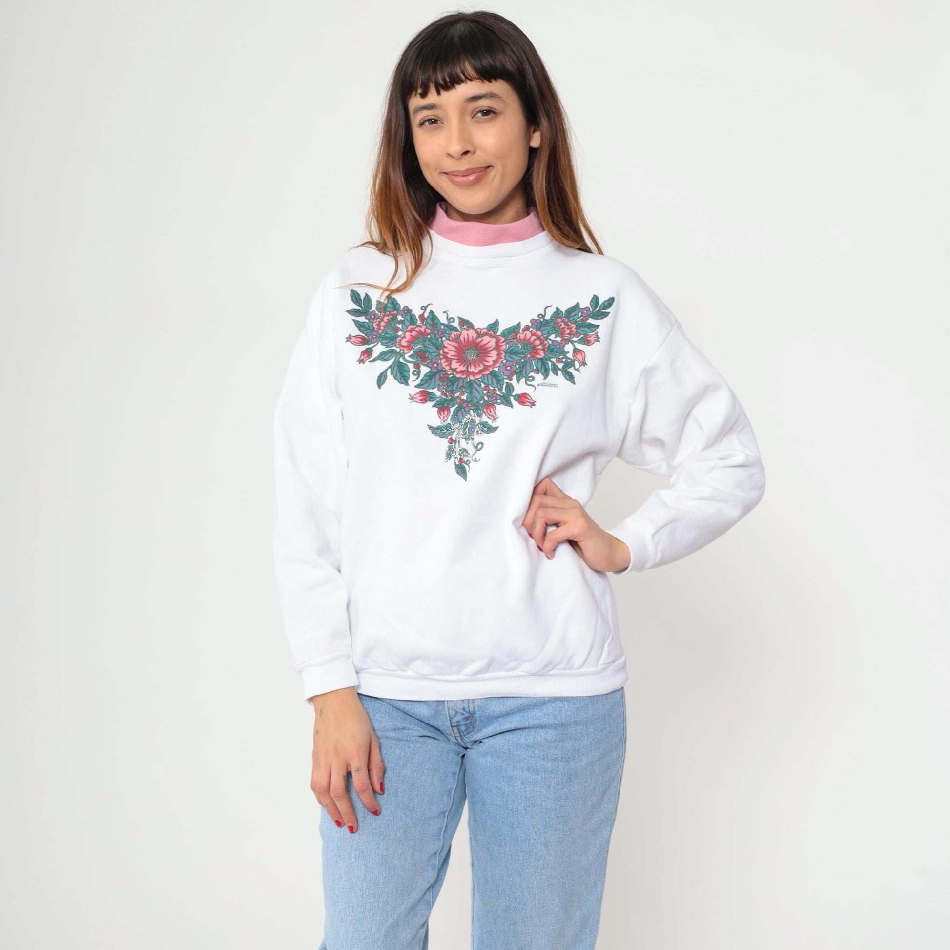 90s White Floral Mock Neck Sweatshirt Pink Collar Cotton Petite Large