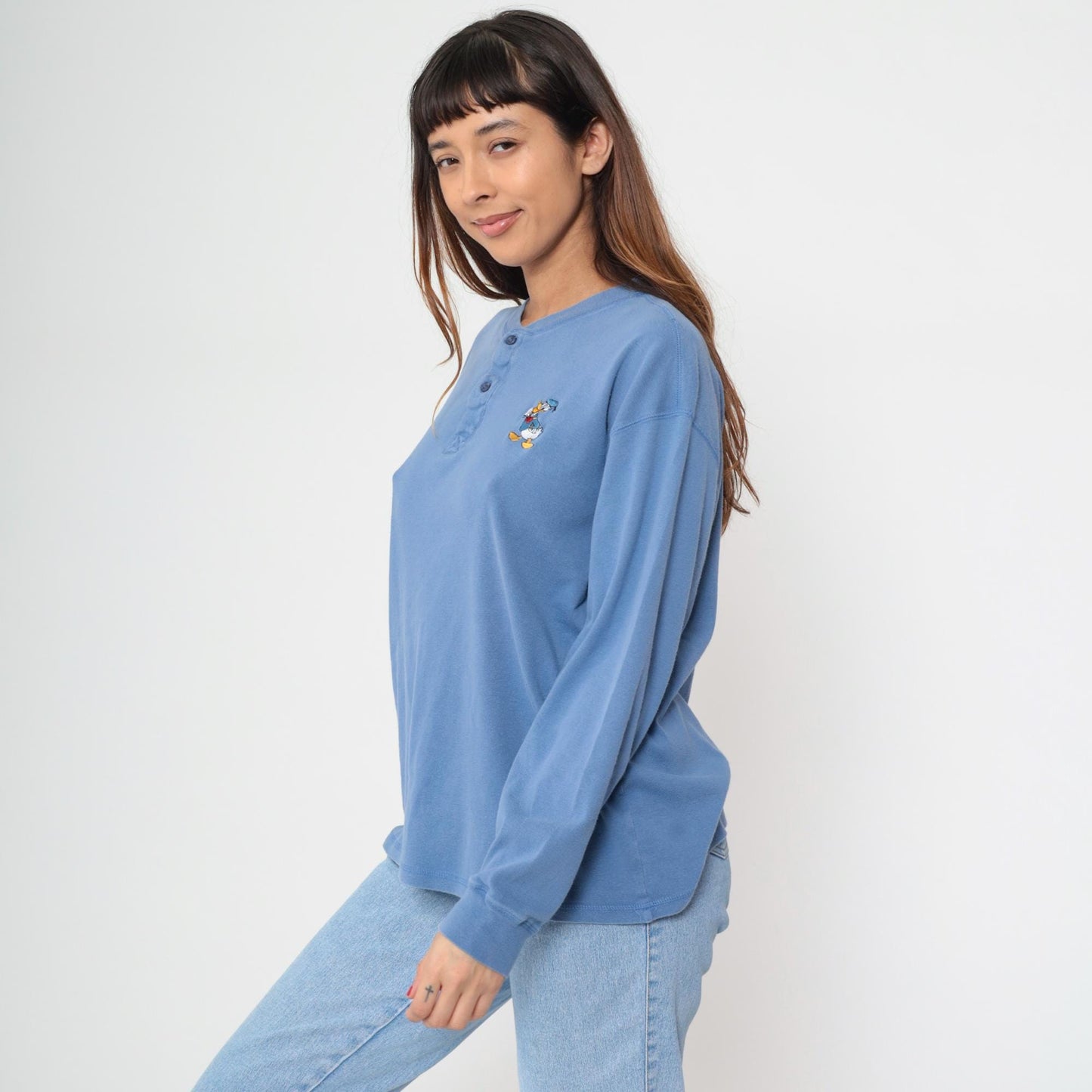 90s Donald Duck Henley Shirt Periwinkle Blue Embroidered Cotton Medium