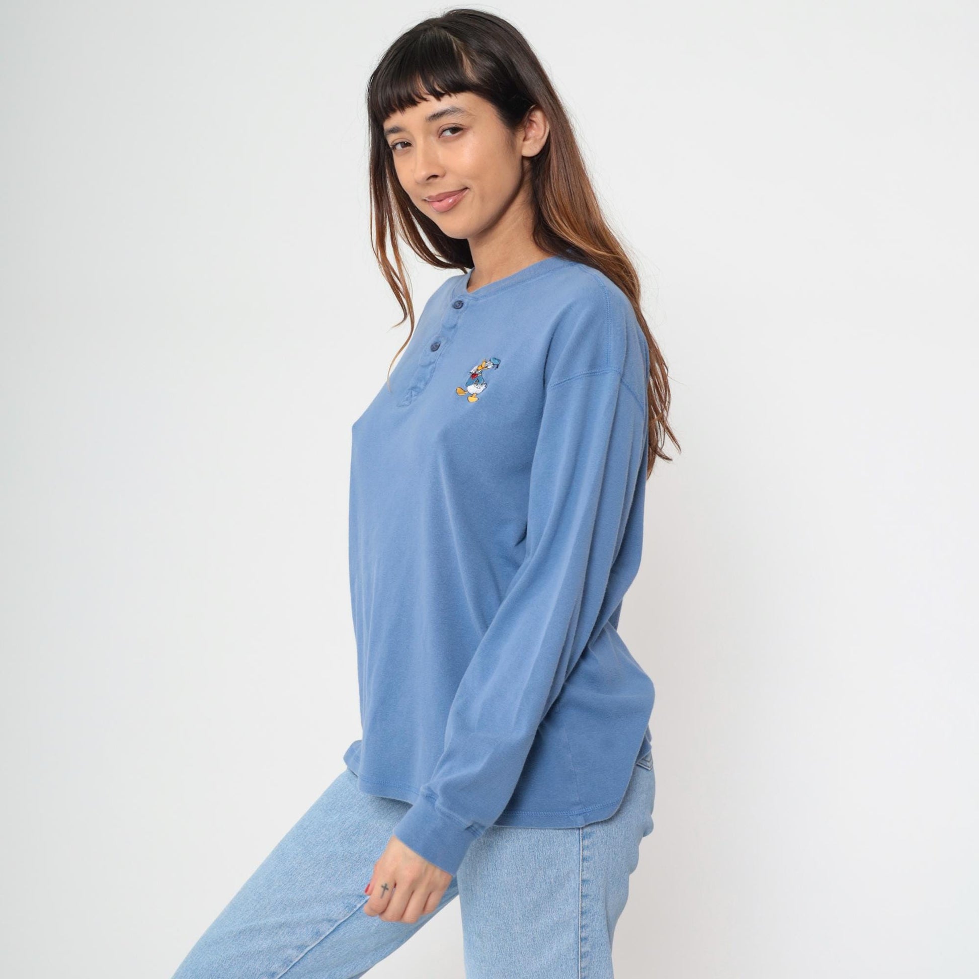 90s Donald Duck Henley Shirt Periwinkle Blue Embroidered Cotton Medium