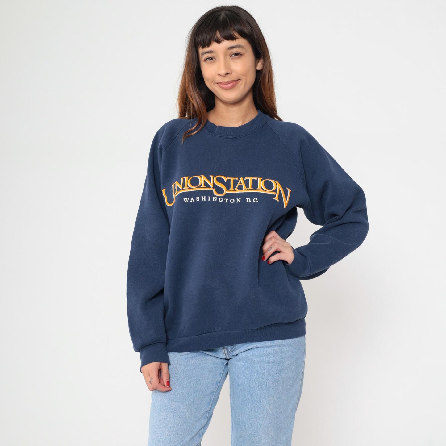 90s Union Station Washington DC Navy Sweatshirt Embroidered Raglan Extra Large XL
