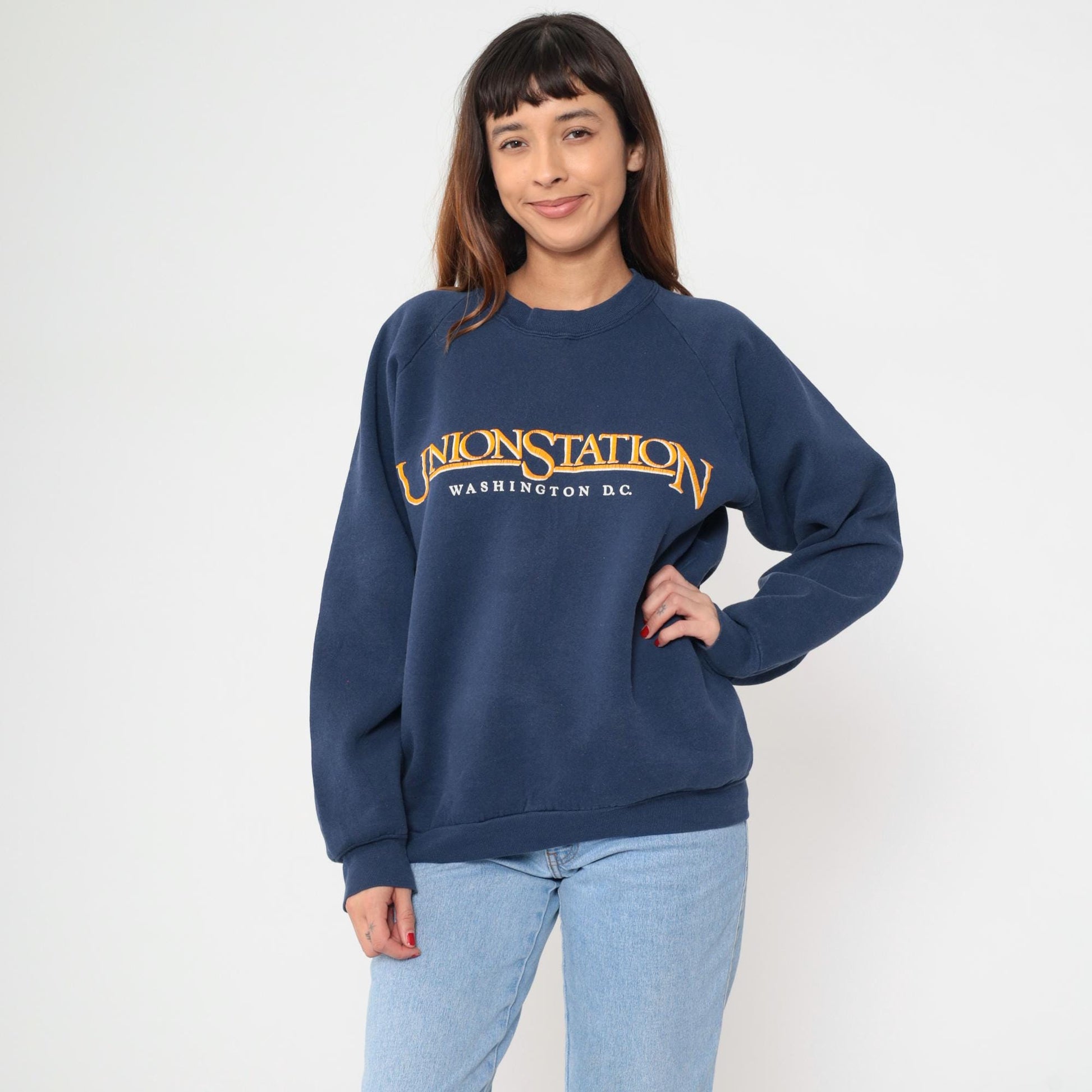 90s Union Station Washington DC Navy Sweatshirt Embroidered Raglan Extra Large XL