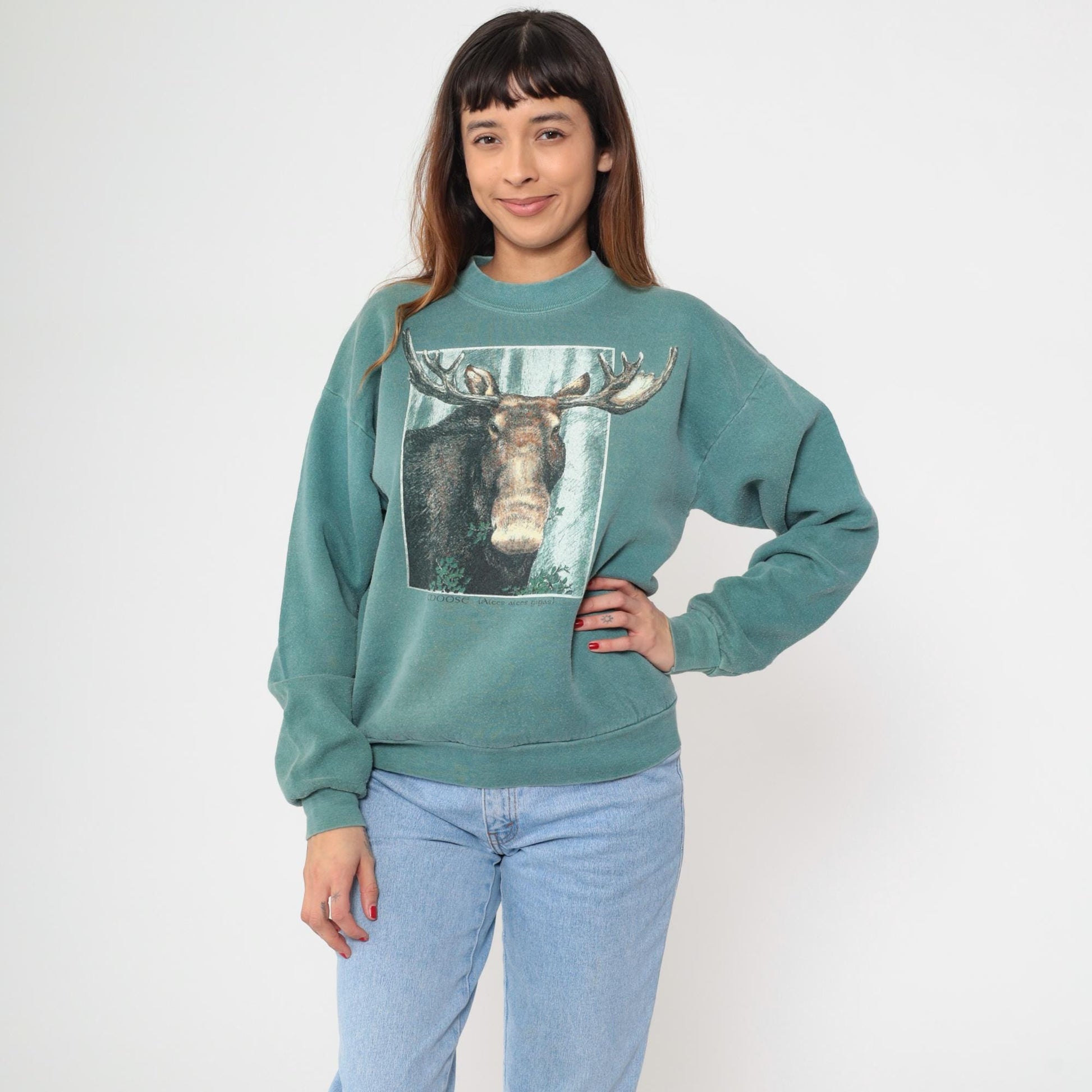 90s Moose Graphic Sweatshirt Sage Green Crewneck Pullover Large L