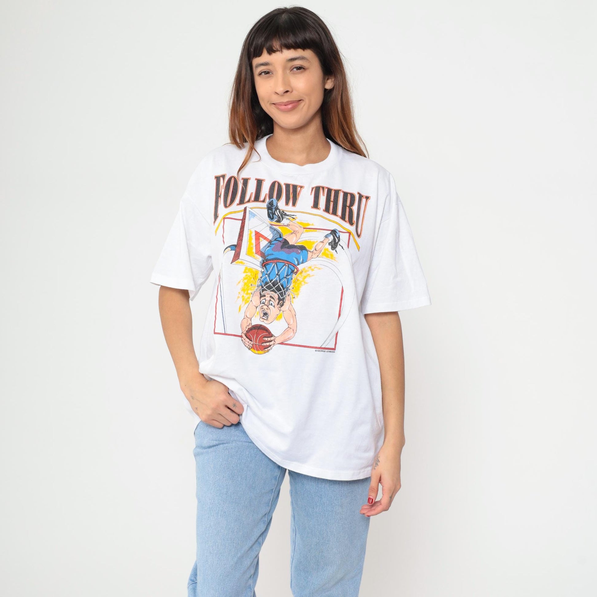 90s Jerzees Follow Thru Basketball Graphic Tee White Cartoon Dunk Extra Large XL