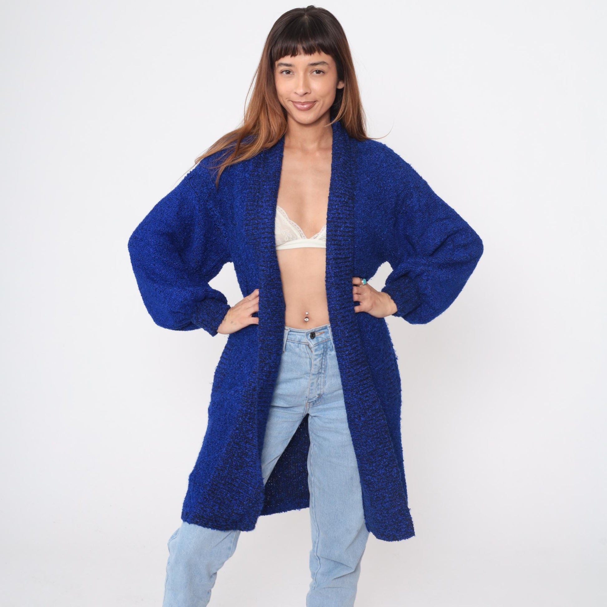 90s Sideffects Royal Blue Boucle Cardigan Duster Knee-Length Medium M