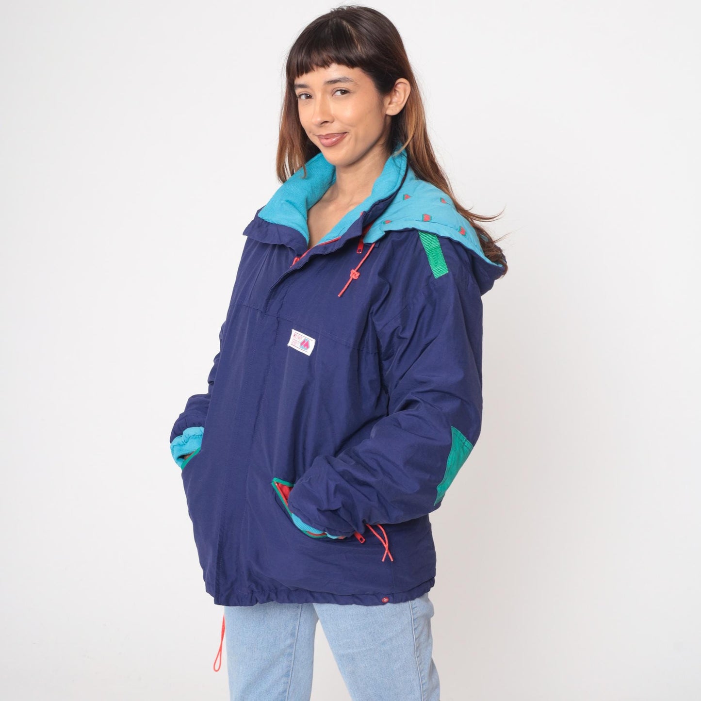 80s Marwin Sports Colorblock Windbreaker Hooded Jacket Blue Small