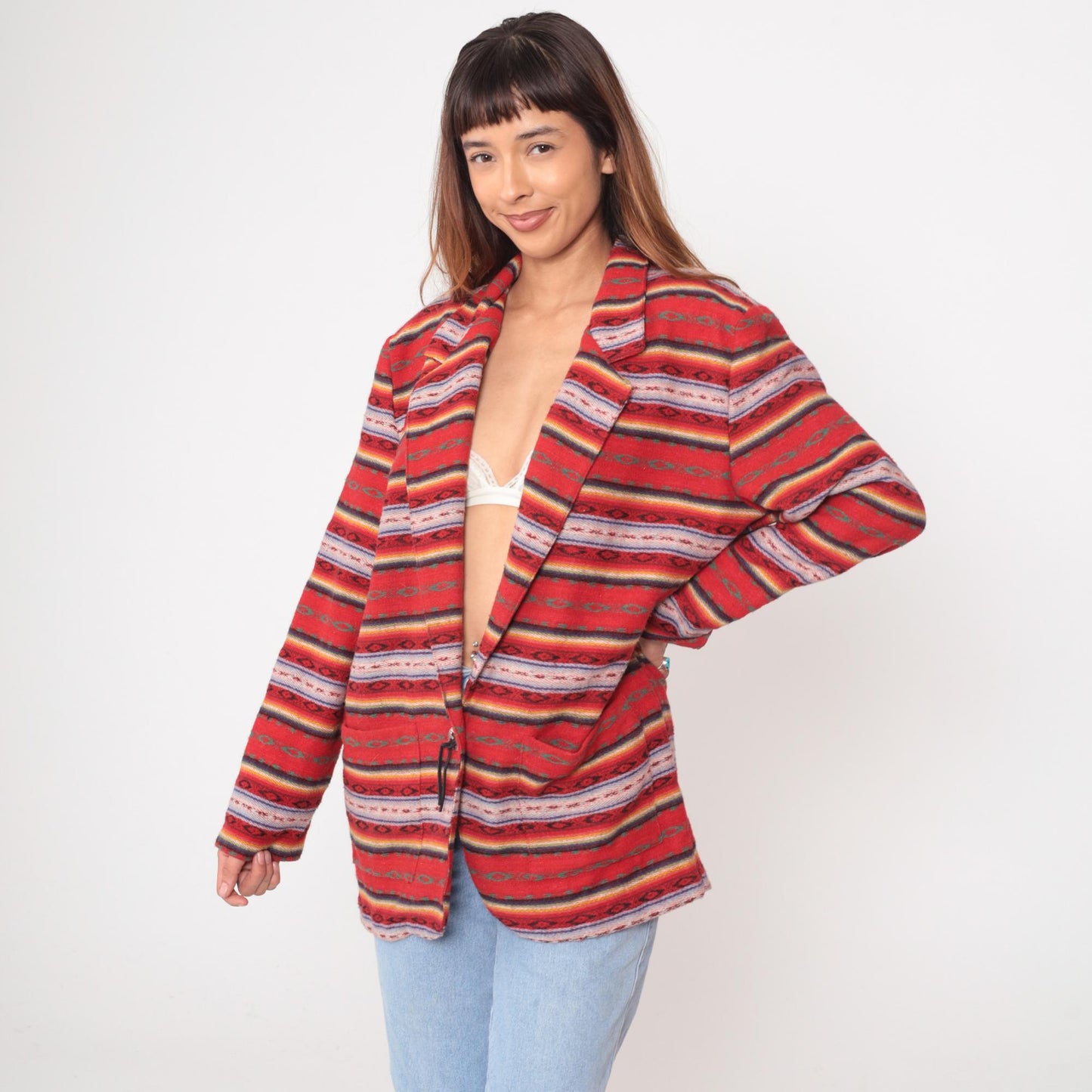 90s Leger Southwestern Blazer Red Striped Geometric Jacket Large L