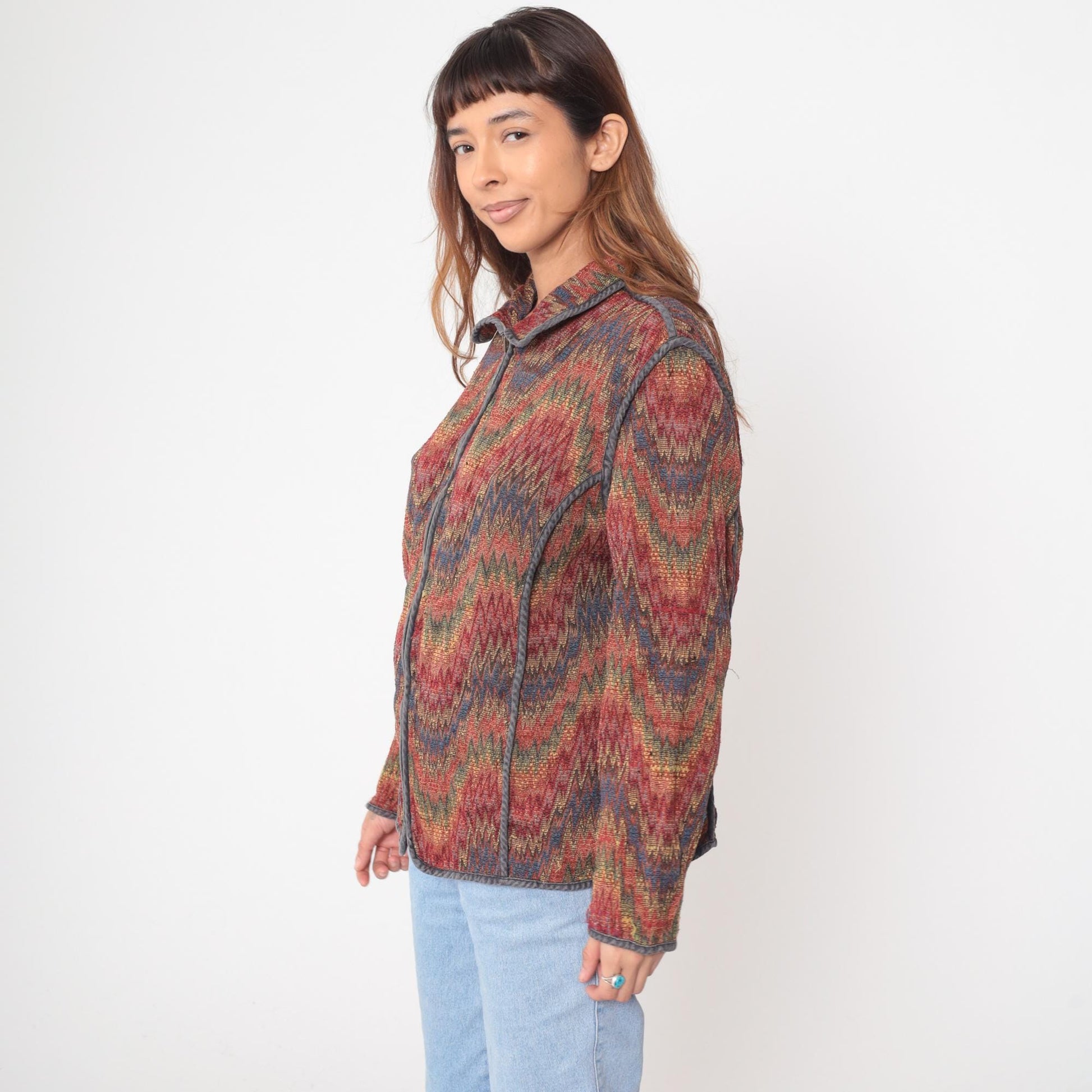 Y2K Chevron Zip Cardigan Multicolor Zigzag Knit Jacket Medium M