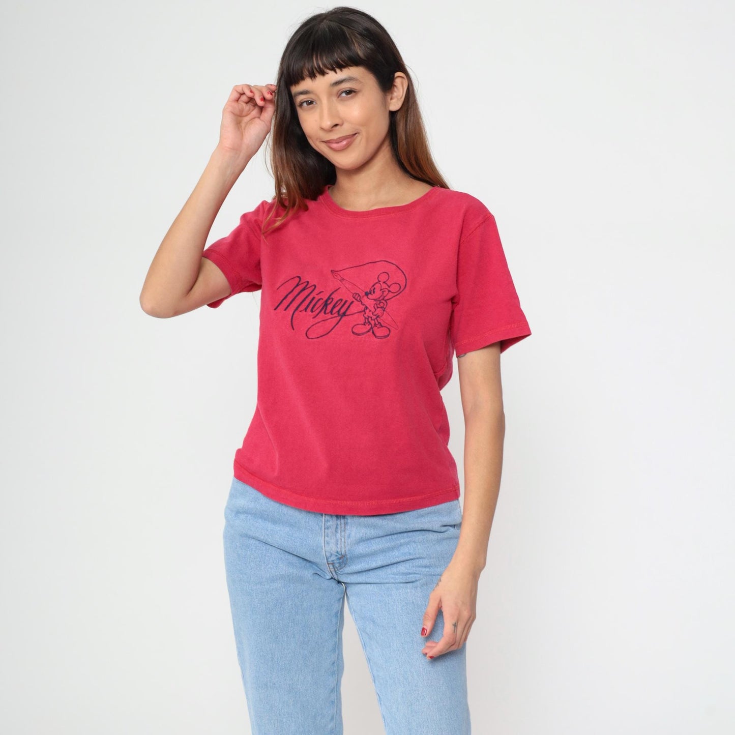 90s Mickey Mouse Fishing Graphic T-Shirt Red Cotton Crew Neck Medium M