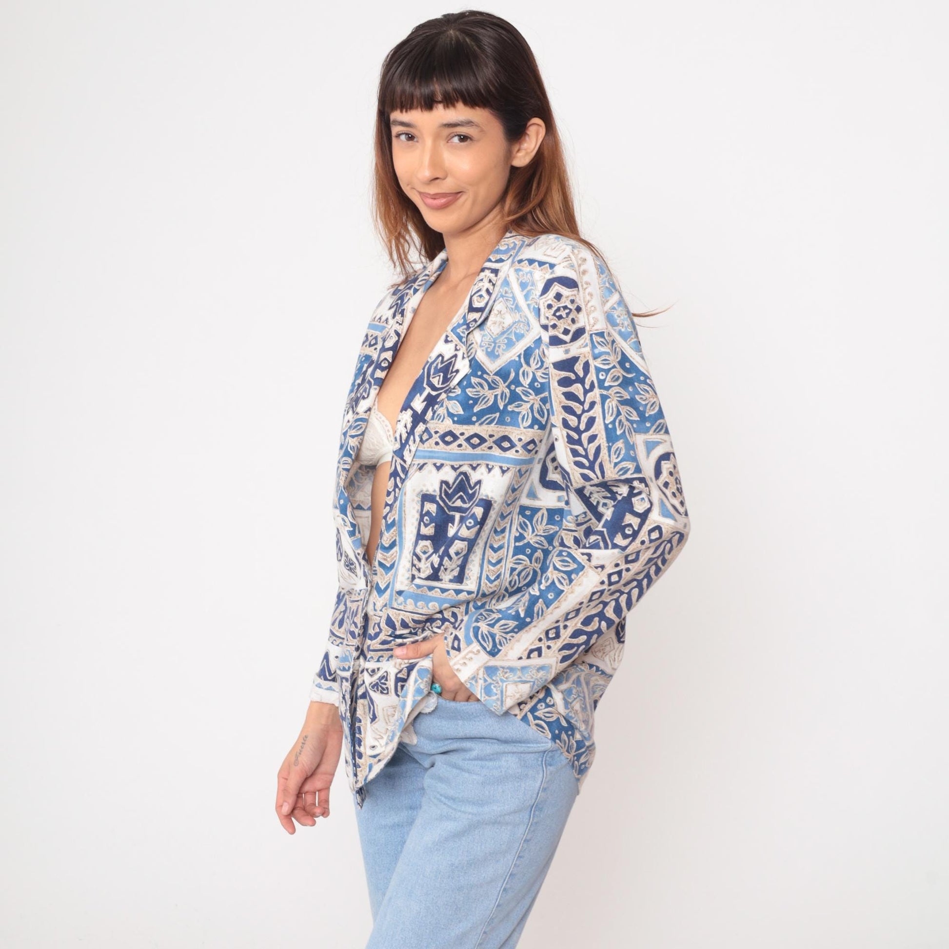 90s Blair Boutique Geometric Tile Blazer Blue White Cotton Medium