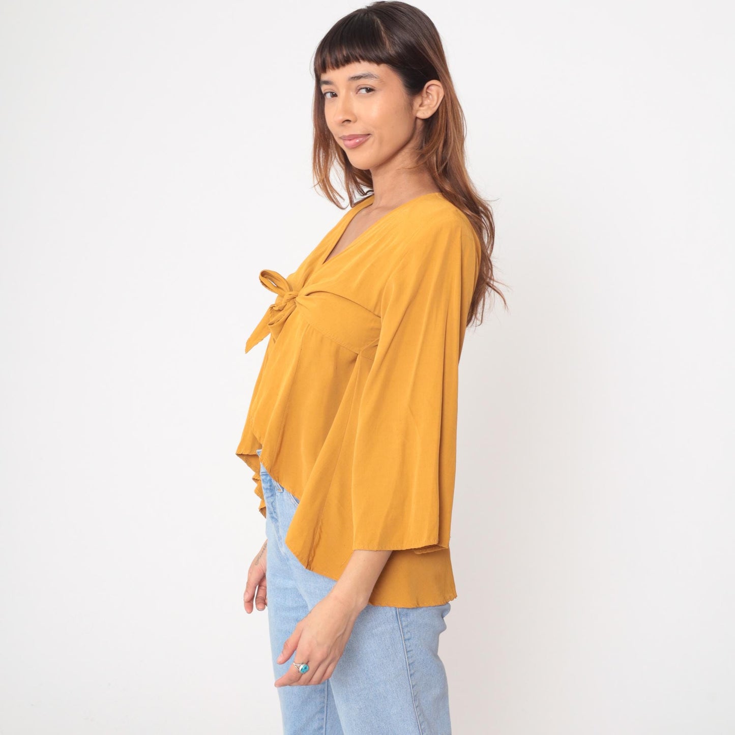 90s Rondo Mustard Yellow Crop Top Deep V Tie Front Peplum Medium M