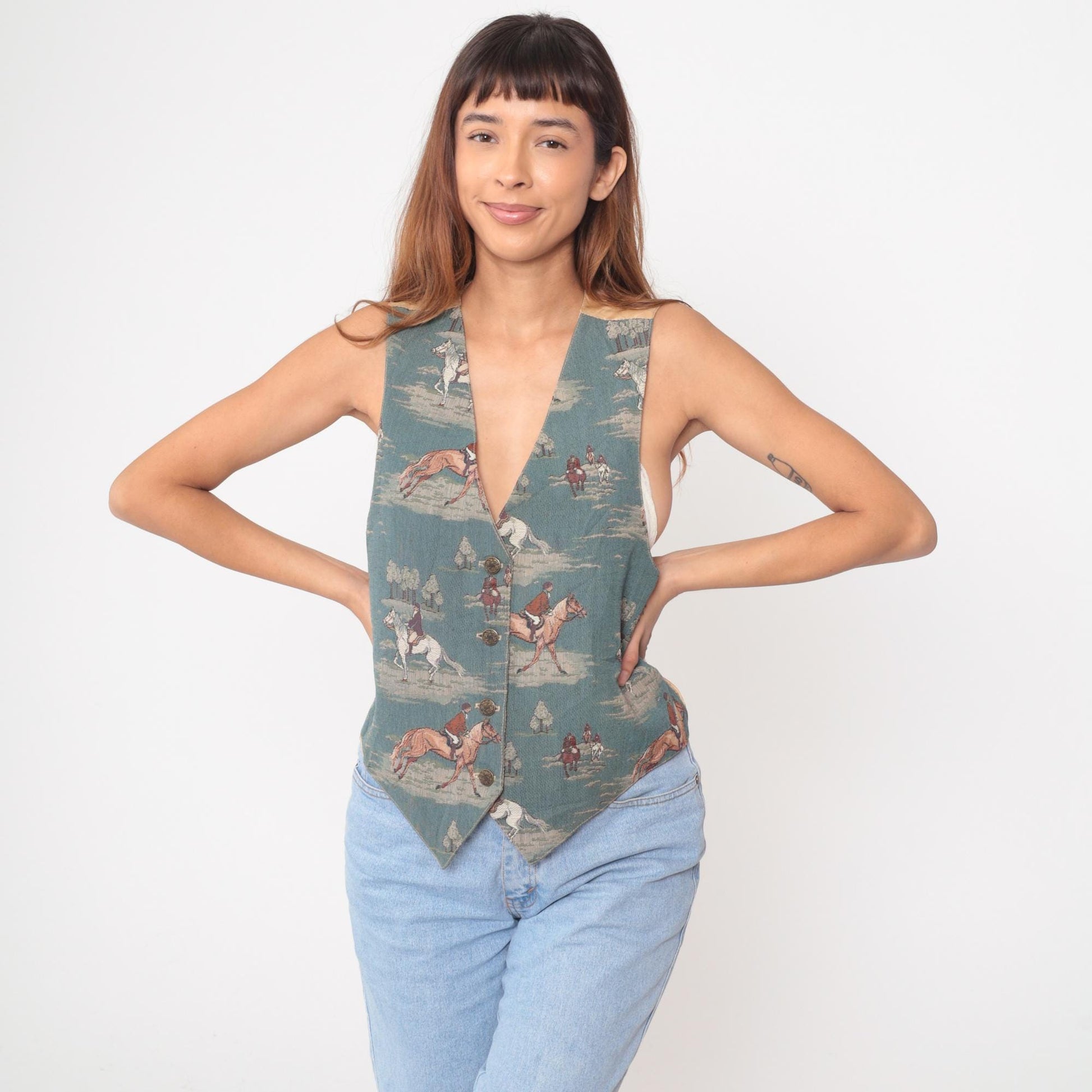 90s Nadia Equestrian Hunt Scene Cotton Vest Green Extra Large XL