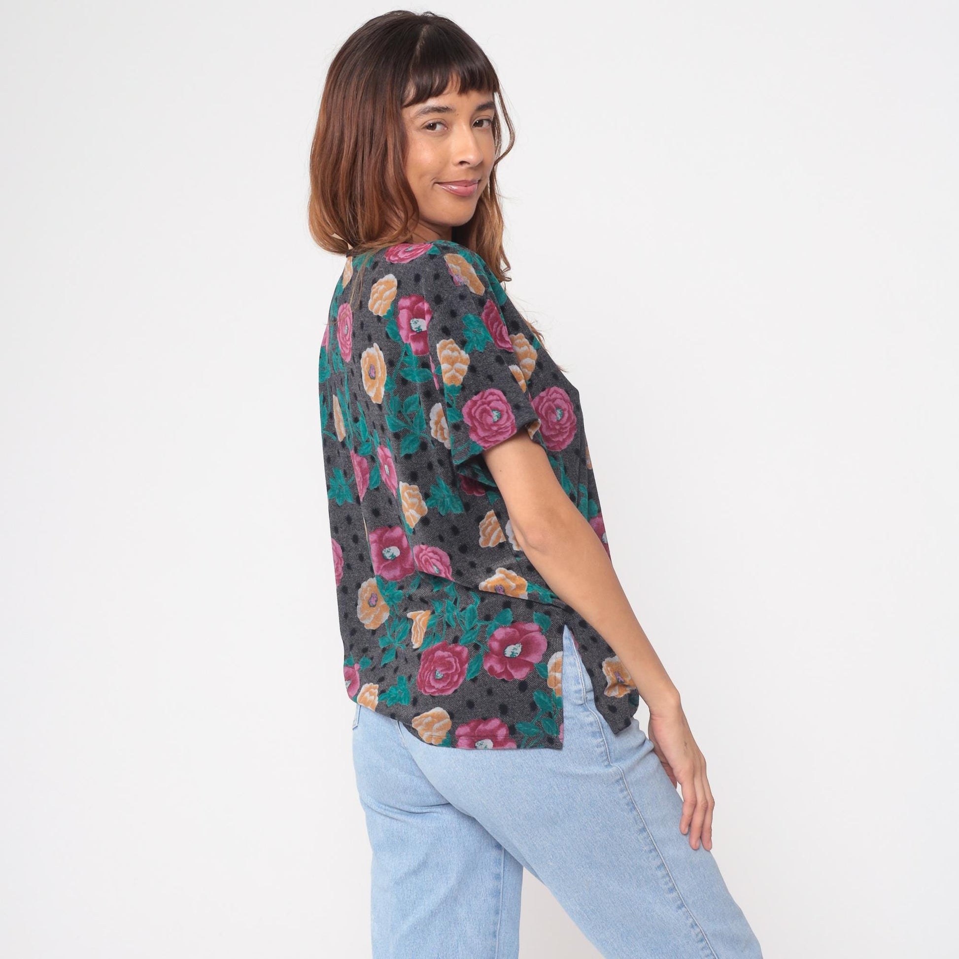 90s Floral Button-Up Blouse Velour Grey Pink Orange Roses Medium