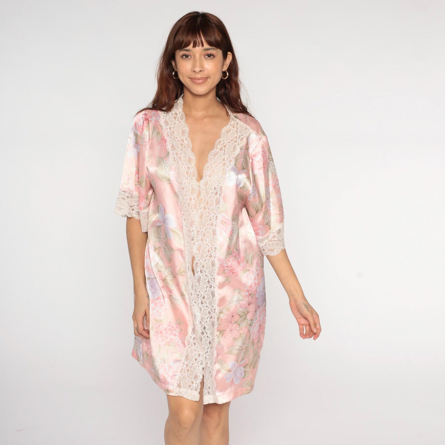 90s Pink Floral Kimono Robe Wendy Ann Lace Trim Knee Length Medium