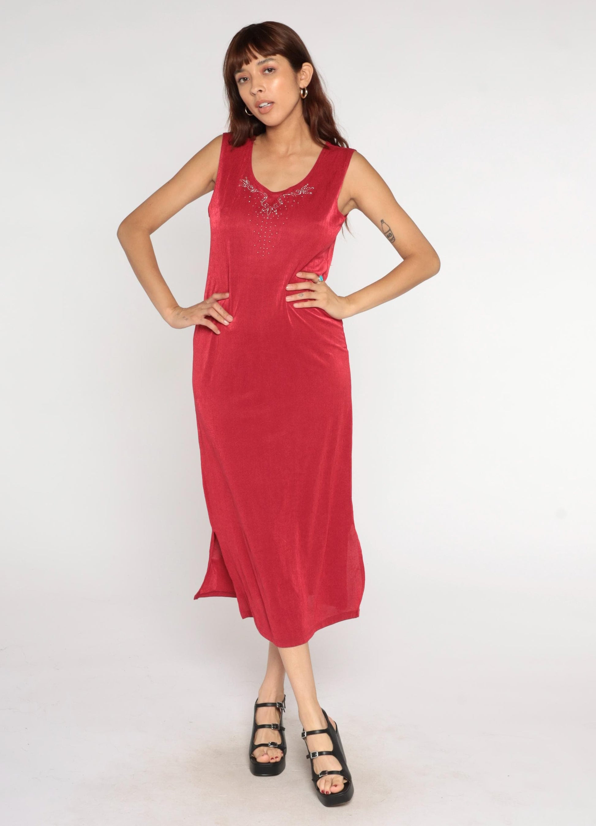 90s Red Rhinestone V-Neck Midi Dress Sleeveless Bodycon Medium M