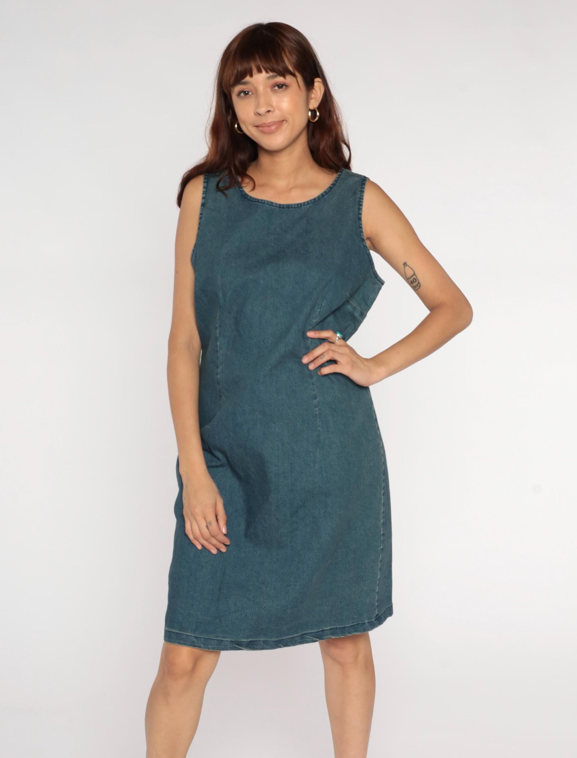 Y2K Chadwicks Denim Shift Dress Blue Scoop Neck Knee Length Large