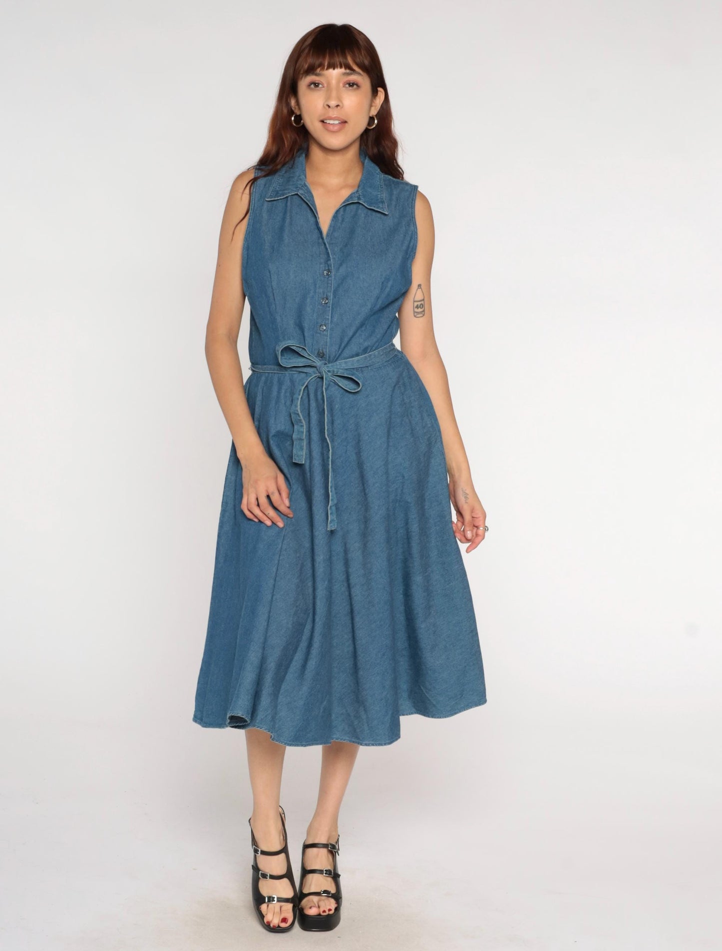 Y2K Denim Midi Dress Blue Chambray Sleeveless Collared Tie Waist Large L