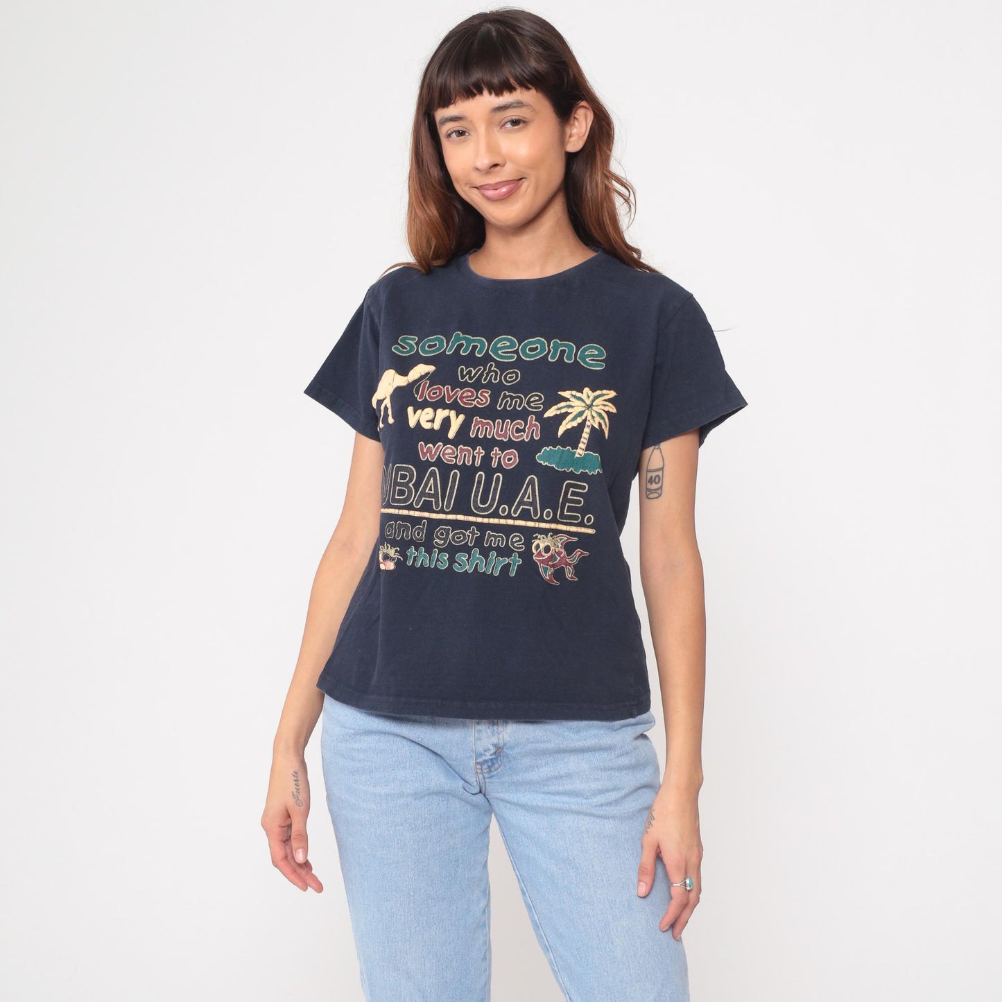 Y2K Dubai UAE Tourist Graphic Tee Cotton Camel Palm Tree Medium M