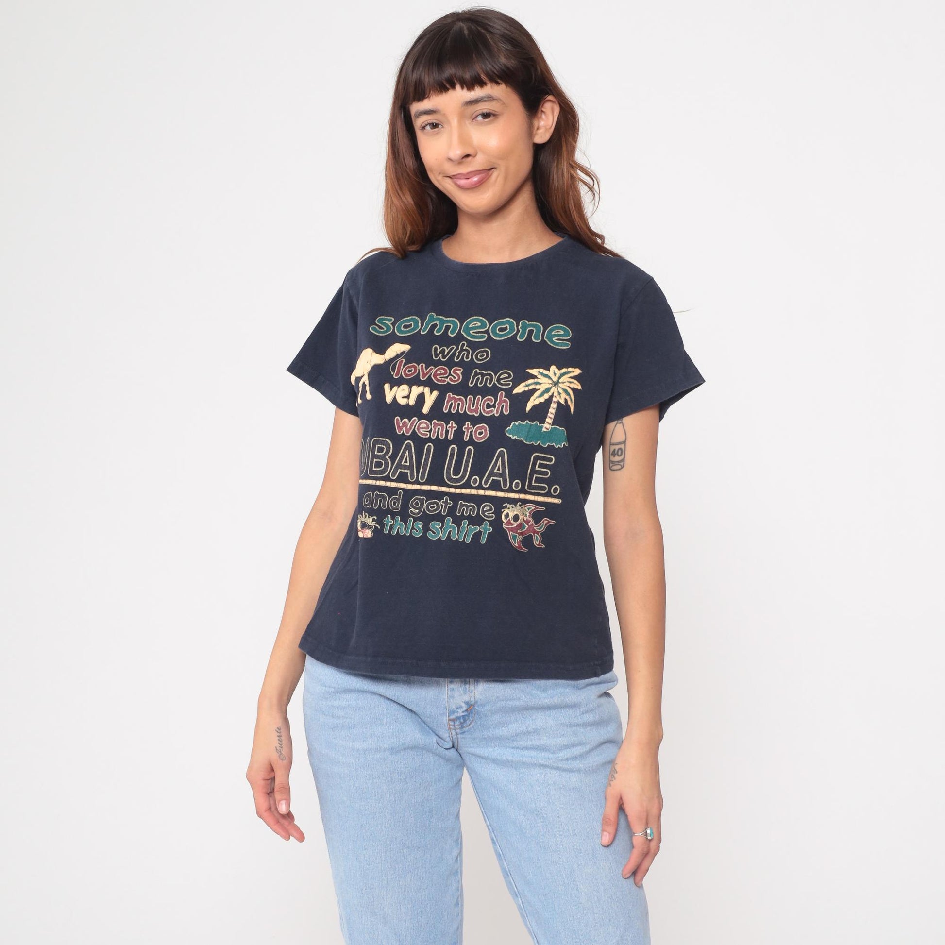Y2K Dubai UAE Tourist Graphic Tee Cotton Camel Palm Tree Medium M