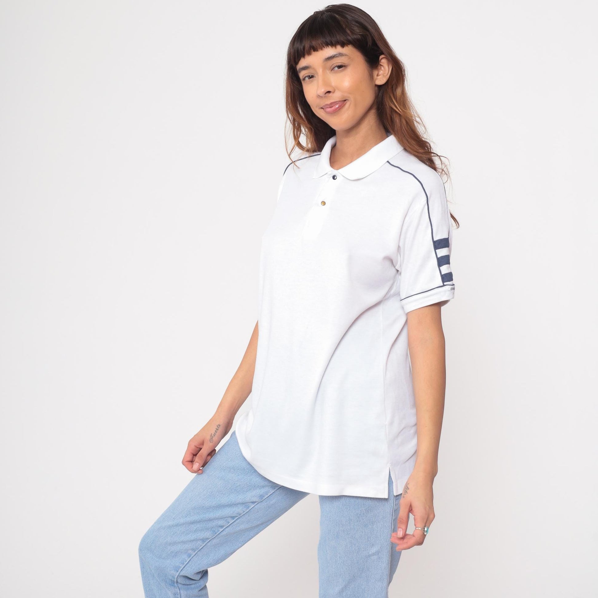 80s Private Club White Polo Shirt Navy Trim Short Sleeve Large L