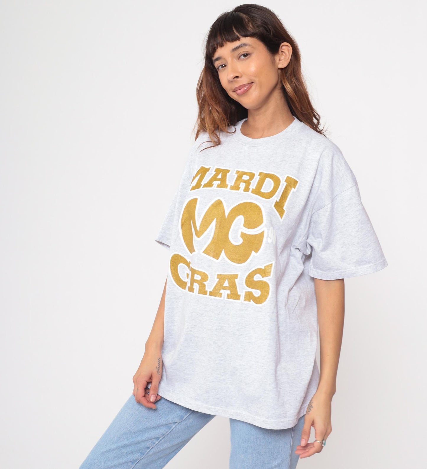 90s Mardi Gras 98 Graphic T-Shirt Grey Cotton Jerzees Extra Large XL