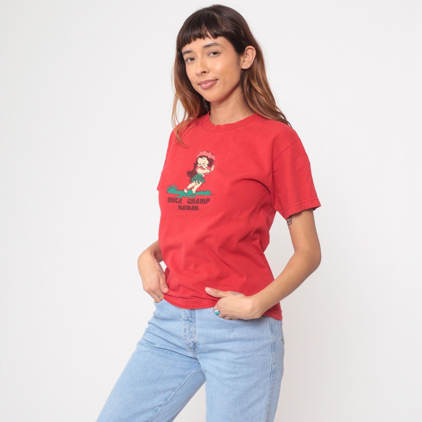 Y2K Hula Champ Hawaii Red Graphic T-Shirt Cotton Crew Neck Small S