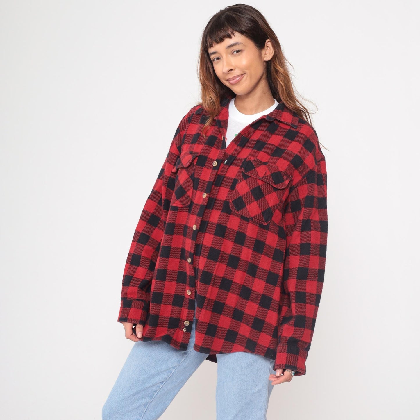 Y2K Marino Bay Red Buffalo Plaid Flannel Shirt Cotton Large L