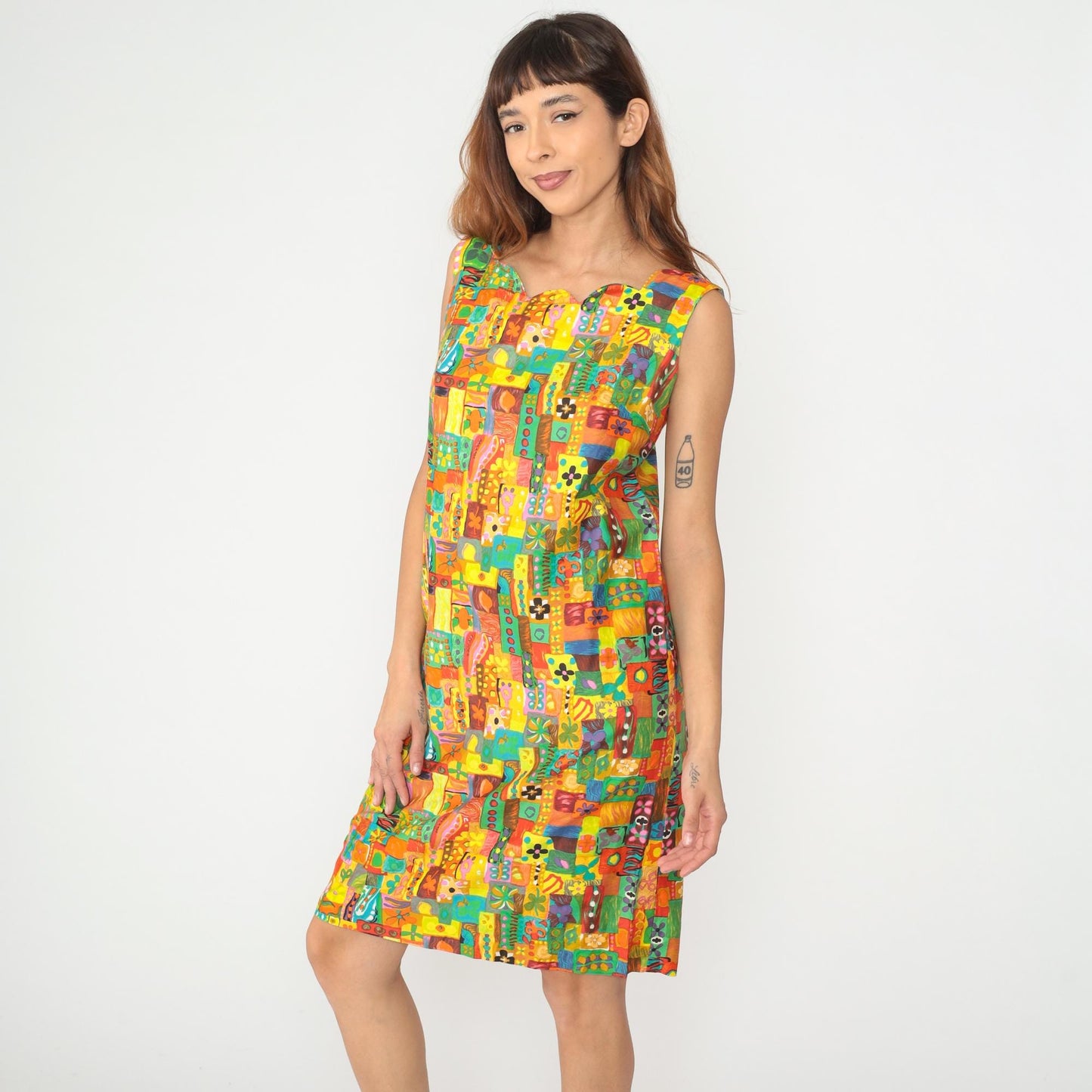 60s Psychedelic Patchwork Shift Dress Multicolor Geometric Mini Cotton Medium