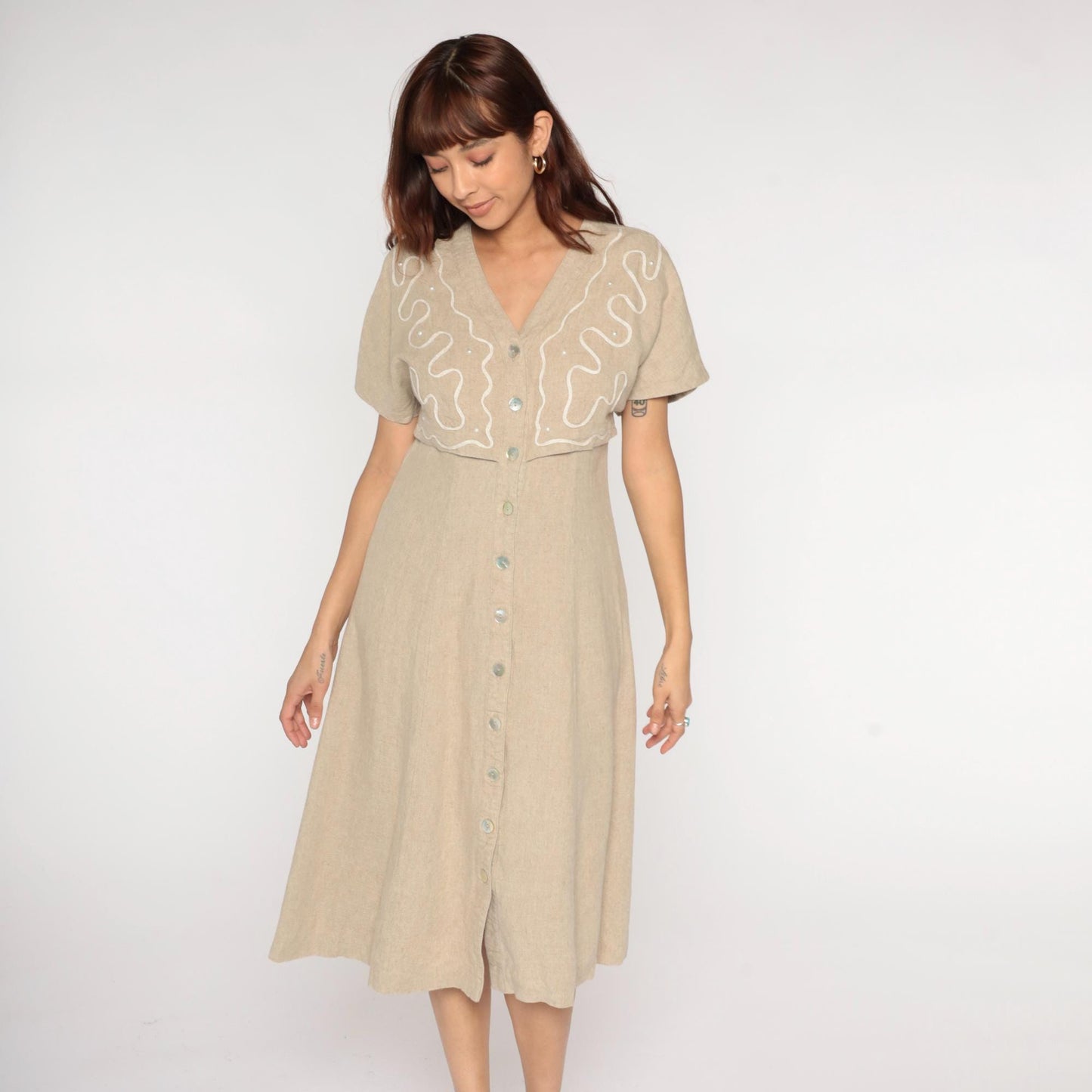 90s Miss Dorby Beige Linen Midi Dress Embroidered Sequin V-Neck Medium