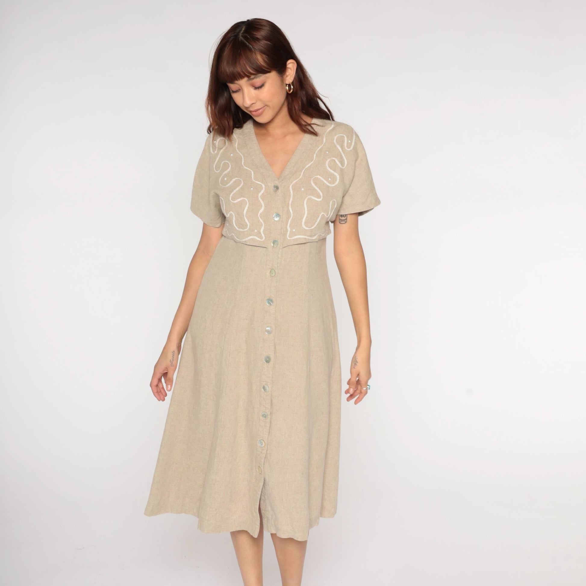 90s Miss Dorby Beige Linen Midi Dress Embroidered Sequin V-Neck Medium