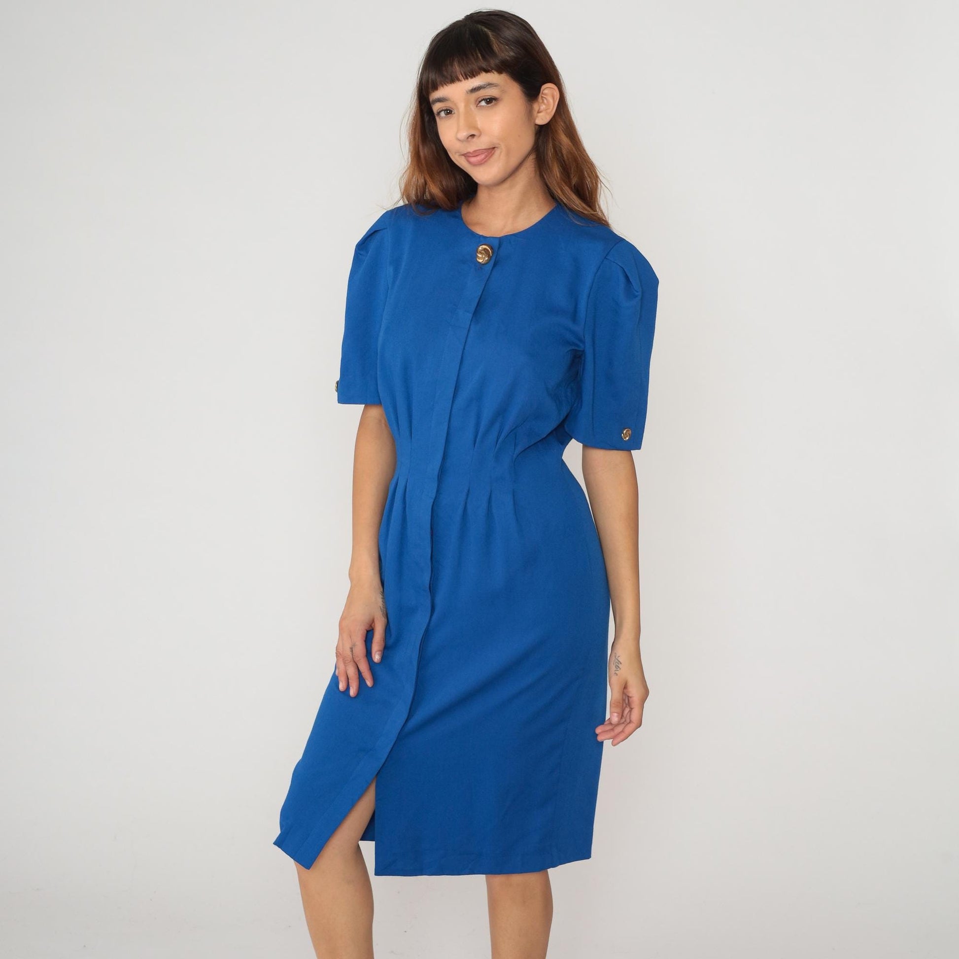 90s Royal Blue Secretary Dress Puff Sleeve Fitted Waist Knee-Length Medium