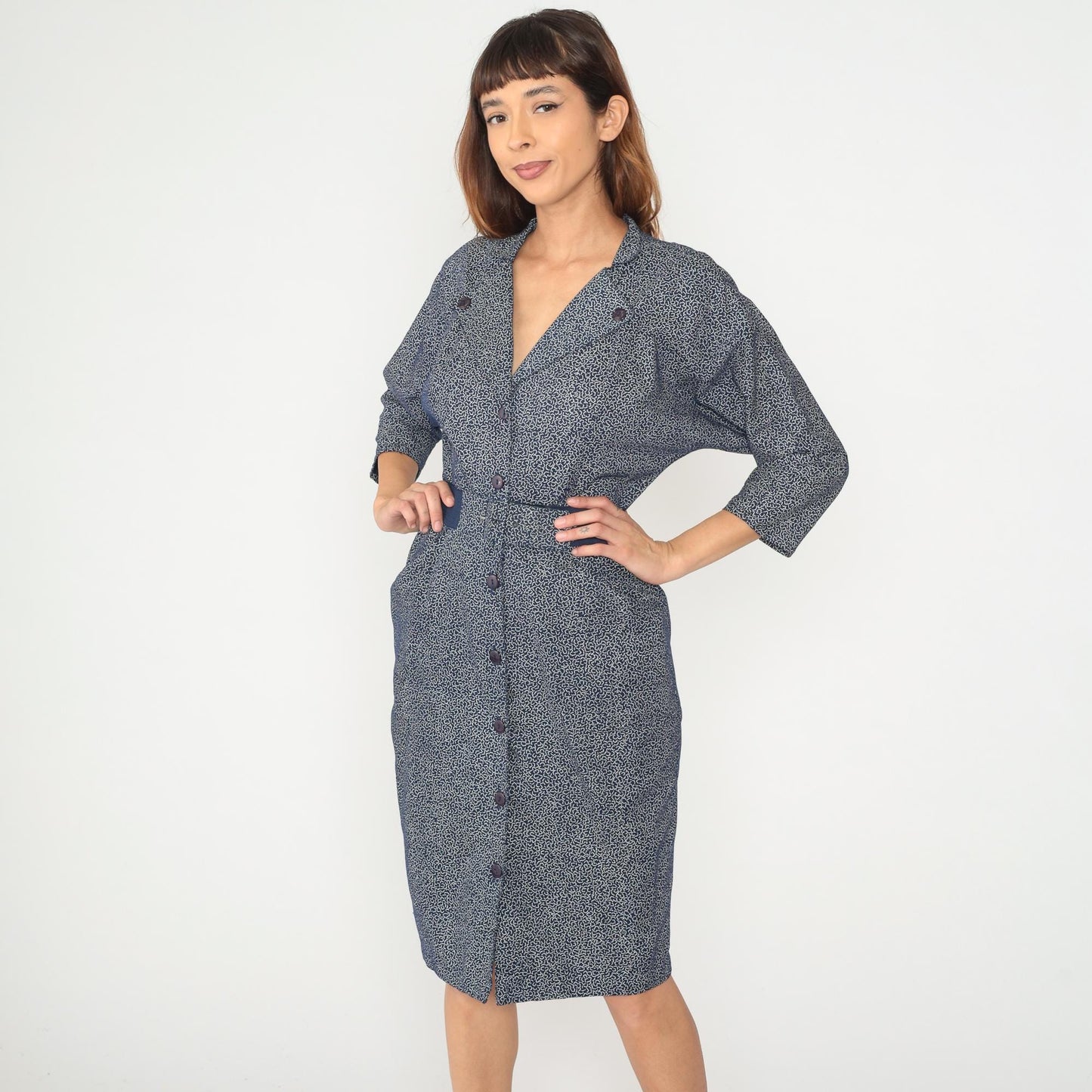 90s Wild Dress Navy Speckled Midi V-Neck Button Front Medium M
