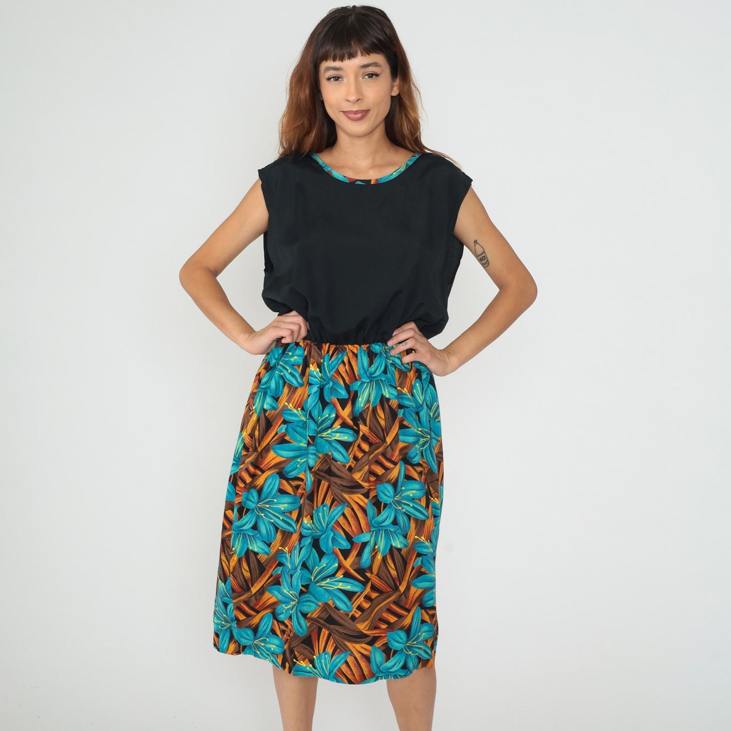 90s Tropical Floral Colorblock Sleeveless Dress Black Turquoise Large L