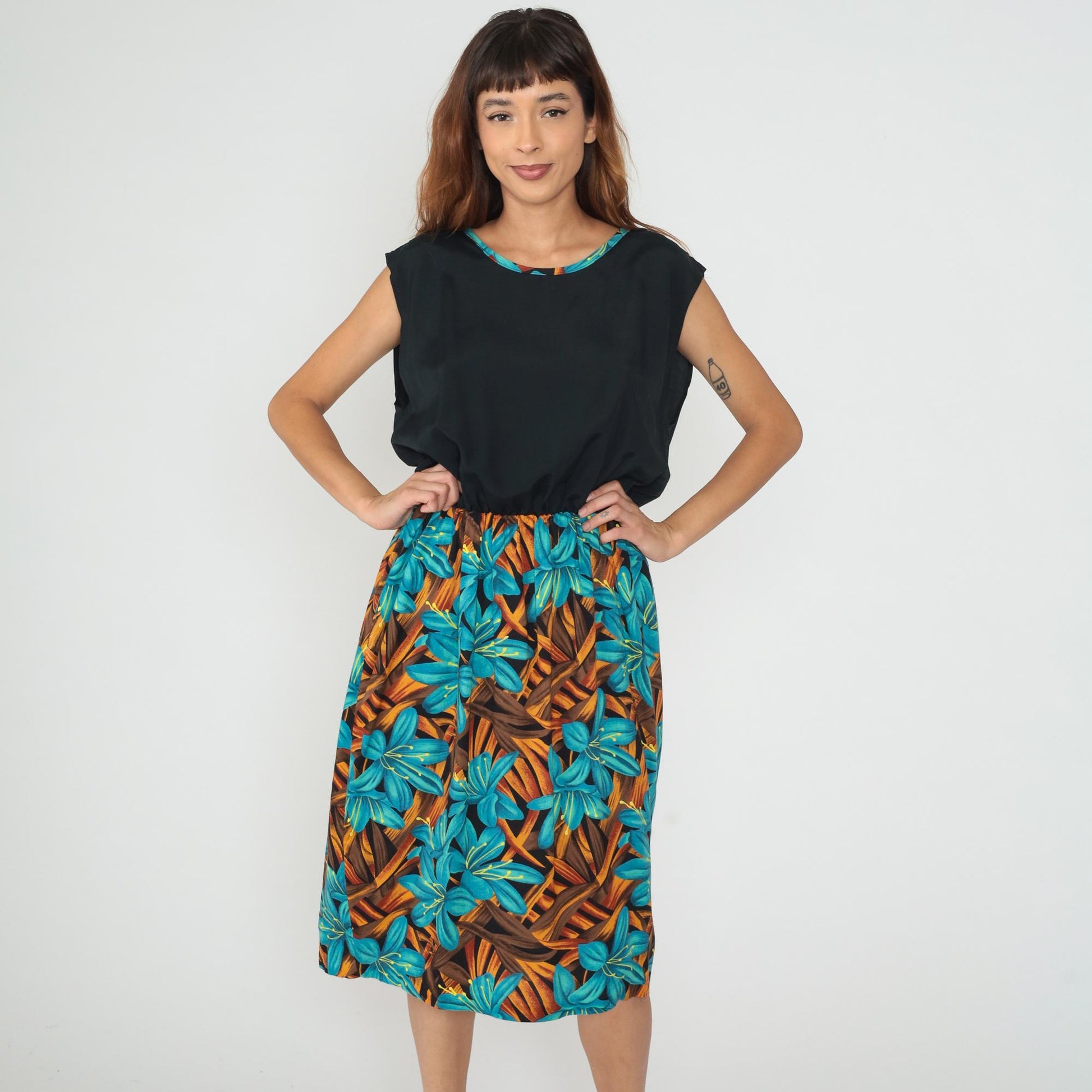 90s Tropical Floral Colorblock Sleeveless Dress Black Turquoise Large L