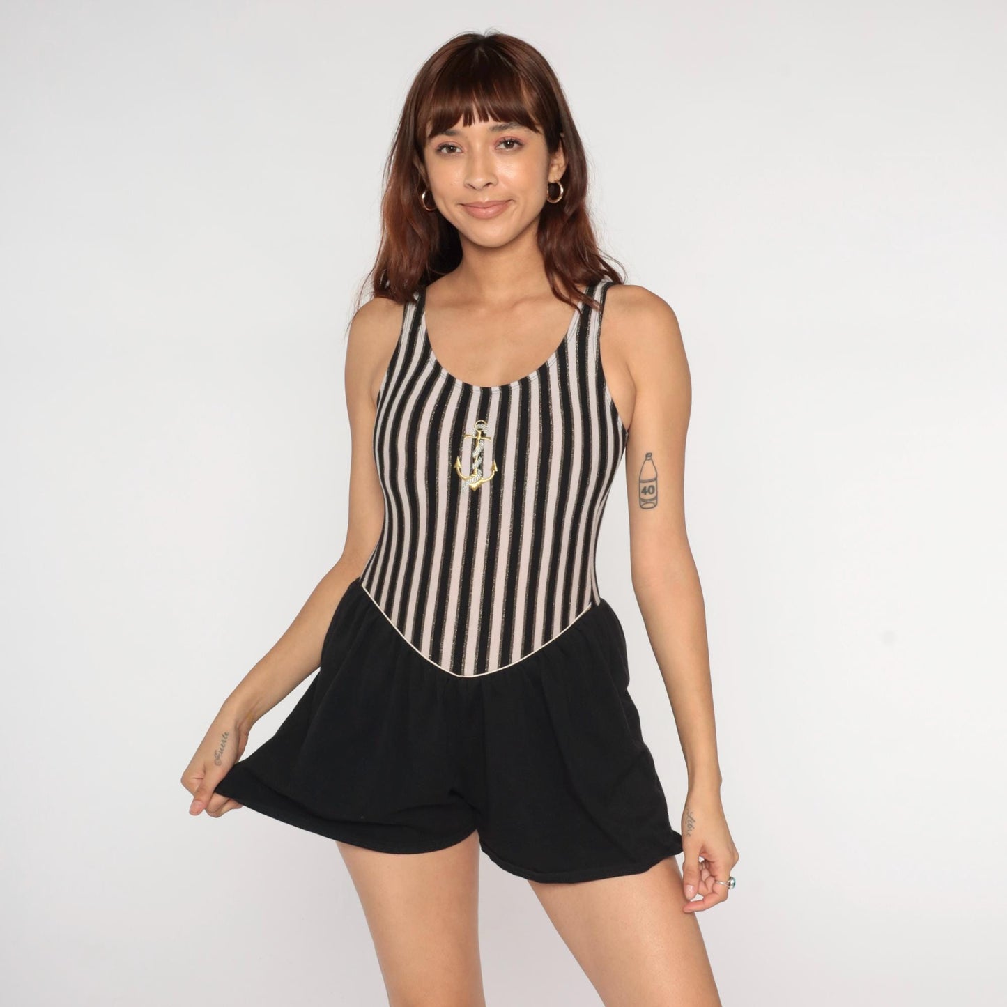 90s Tahiti Black White Striped Nautical One-Piece Swimsuit Anchor Medium