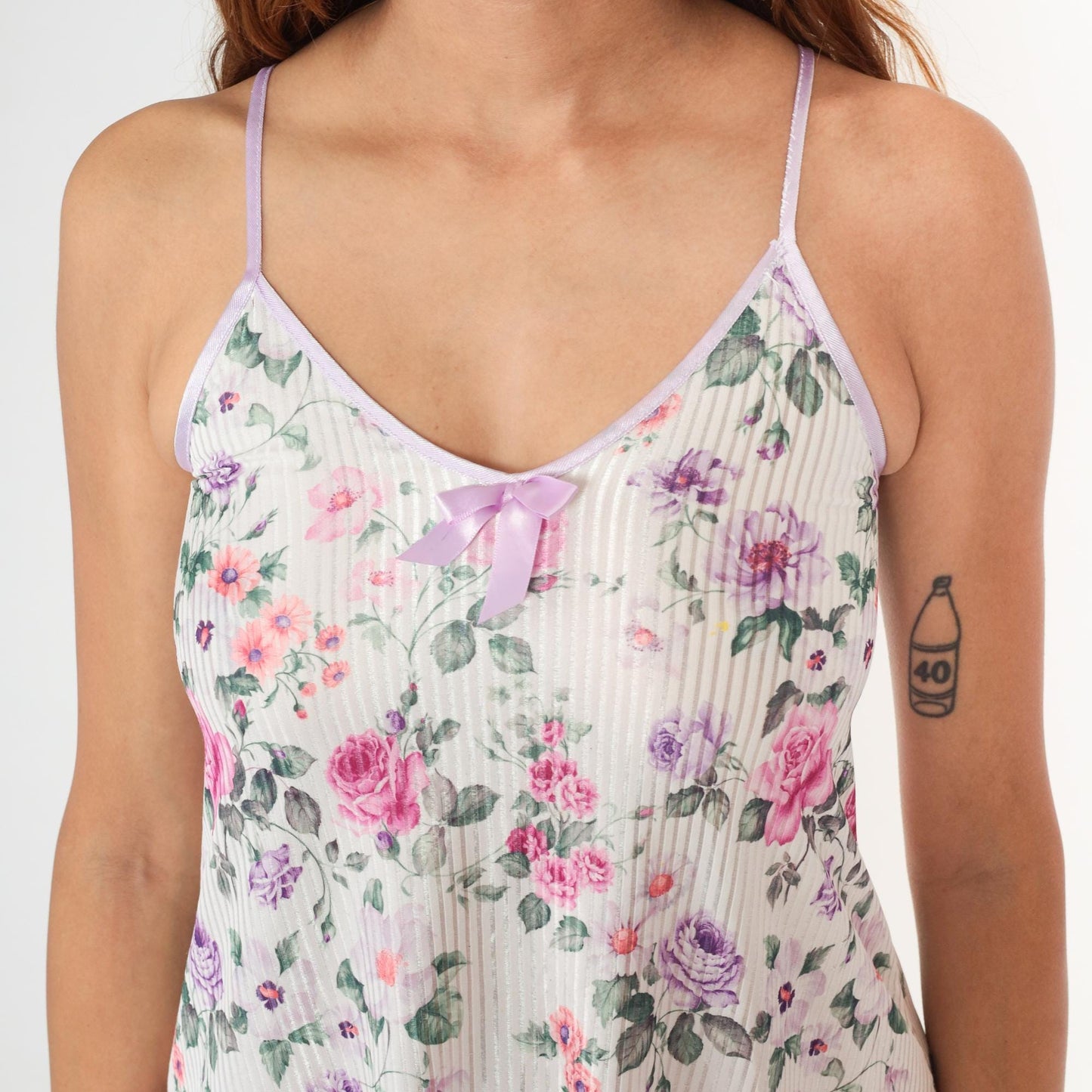 90s Floral Mini Slip Dress White Rose Print V-Neck Bow Camisole XXS