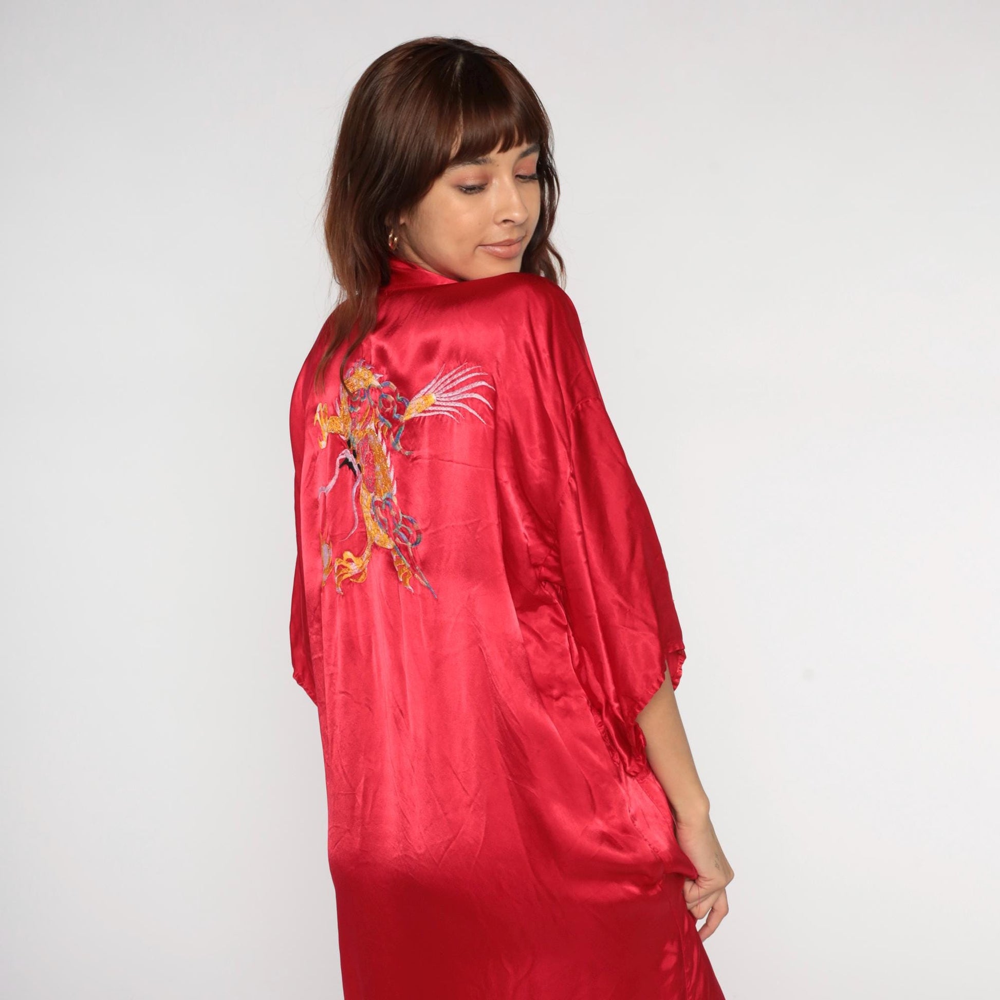 90s Red Satin Dragon Embroidered Kimono Robe Maxi Dressing Gown Extra Large XXL