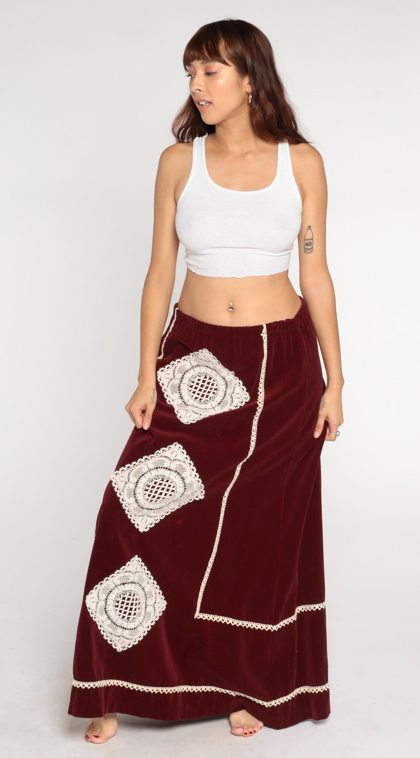 70s Belles of Ireland Burgundy Velvet Maxi Skirt Crochet Lace Trim Medium