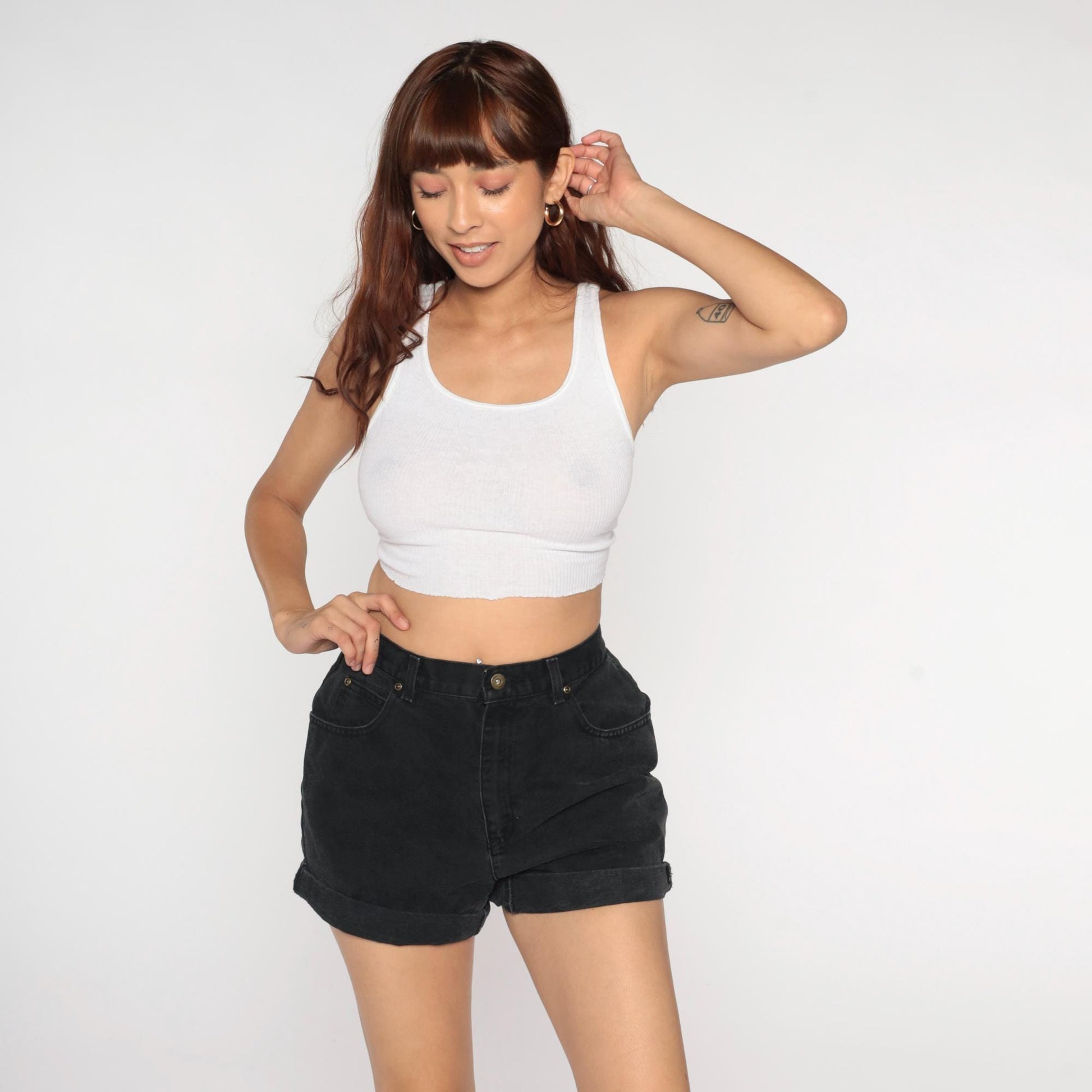 90s Liz Claiborne Black Denim Shorts High Waist Rolled Cuff Medium