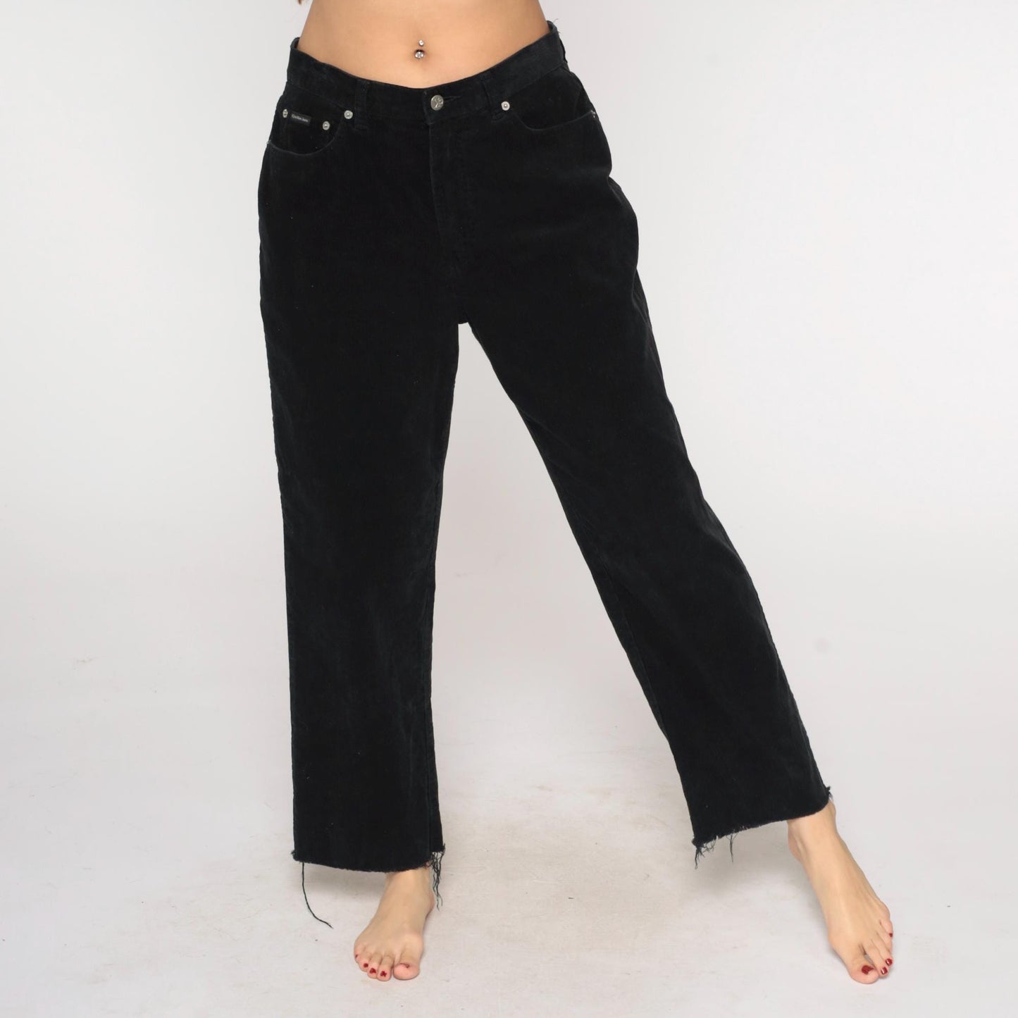 90s Calvin Klein Black Corduroy Pants Wide Leg Raw Hem Large L