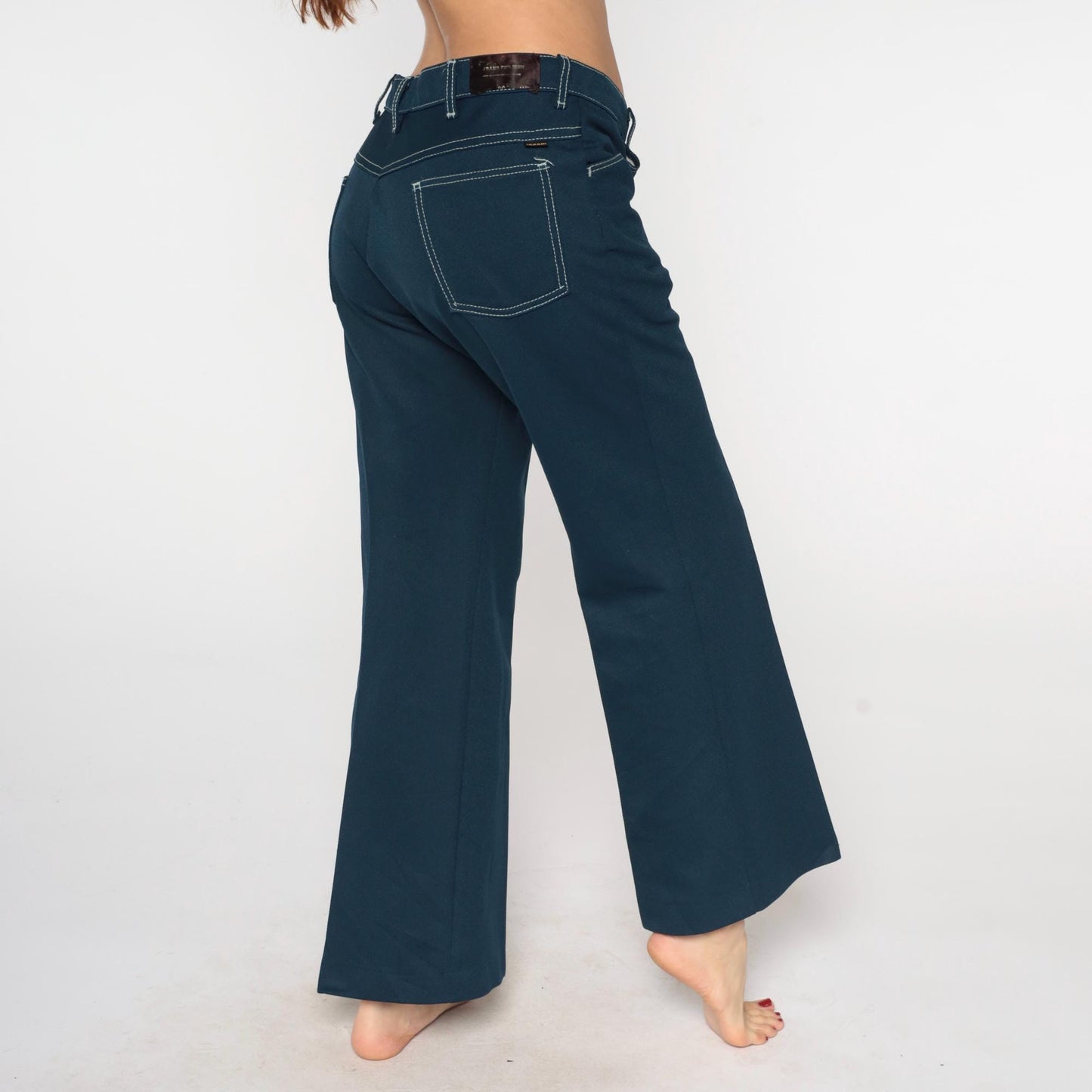 70s Farah Flared Pants Teal Blue White Stitching Low Rise Bell Bottom Large