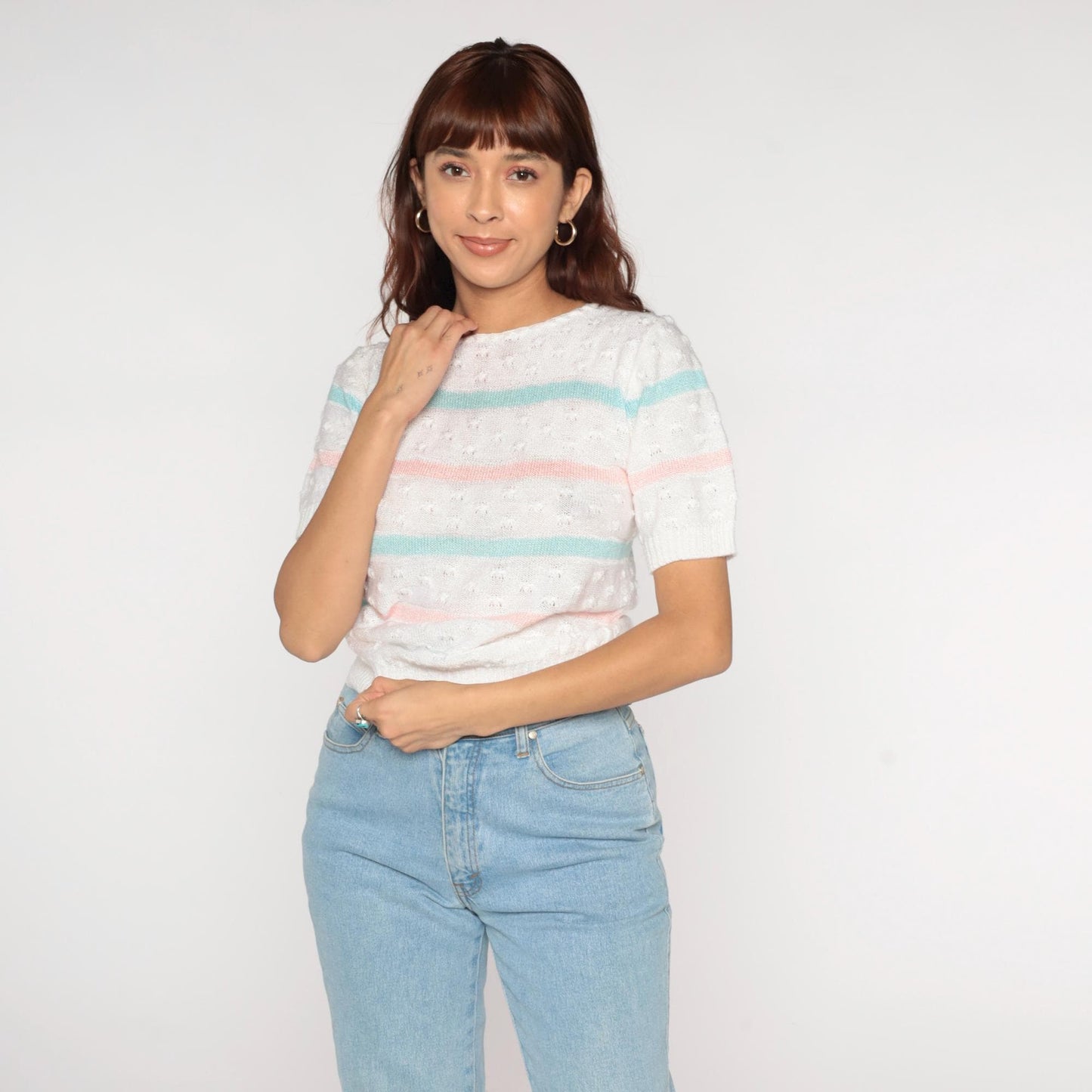 80s Billie Jo Striped Pointelle Knit Sweater Pink Blue Cream Small S