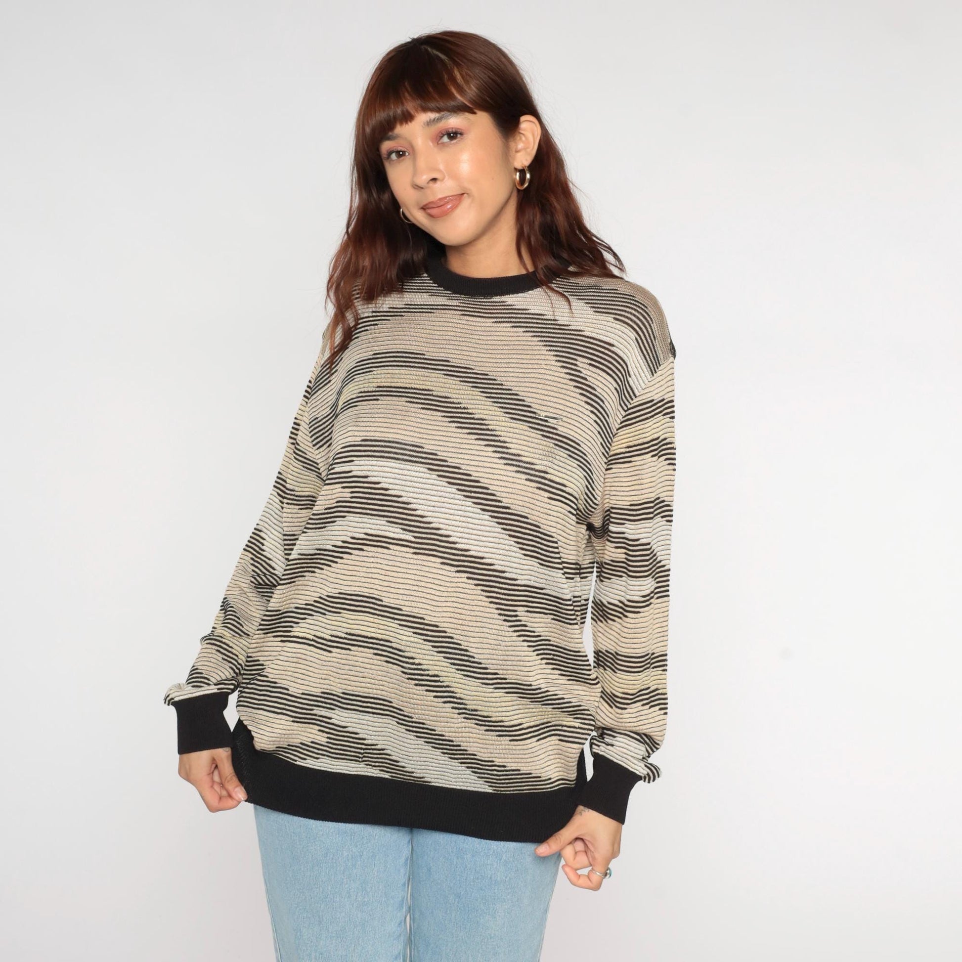 Y2K Aias Golf Striped Sweater Black Beige Cream Knit Pullover Medium M
